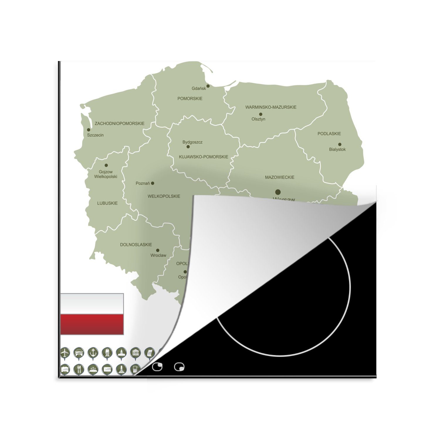 MuchoWow Herdblende-/Abdeckplatte Illustration einer detaillierten Karte von Polen, Vinyl, (1 tlg), 78x78 cm, Ceranfeldabdeckung, Arbeitsplatte für küche
