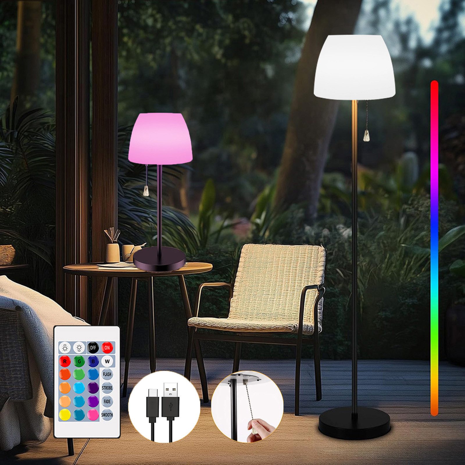 MUPOO LED Solarleuchte Solar Stehleuchte Außen & Innen, Dimmbar RGB und Warmweiß, IP54, 150 cm, Stehlampe Schlafzimmer, USB-Aufladbar mit Lichtsensor & Fernbedienung
