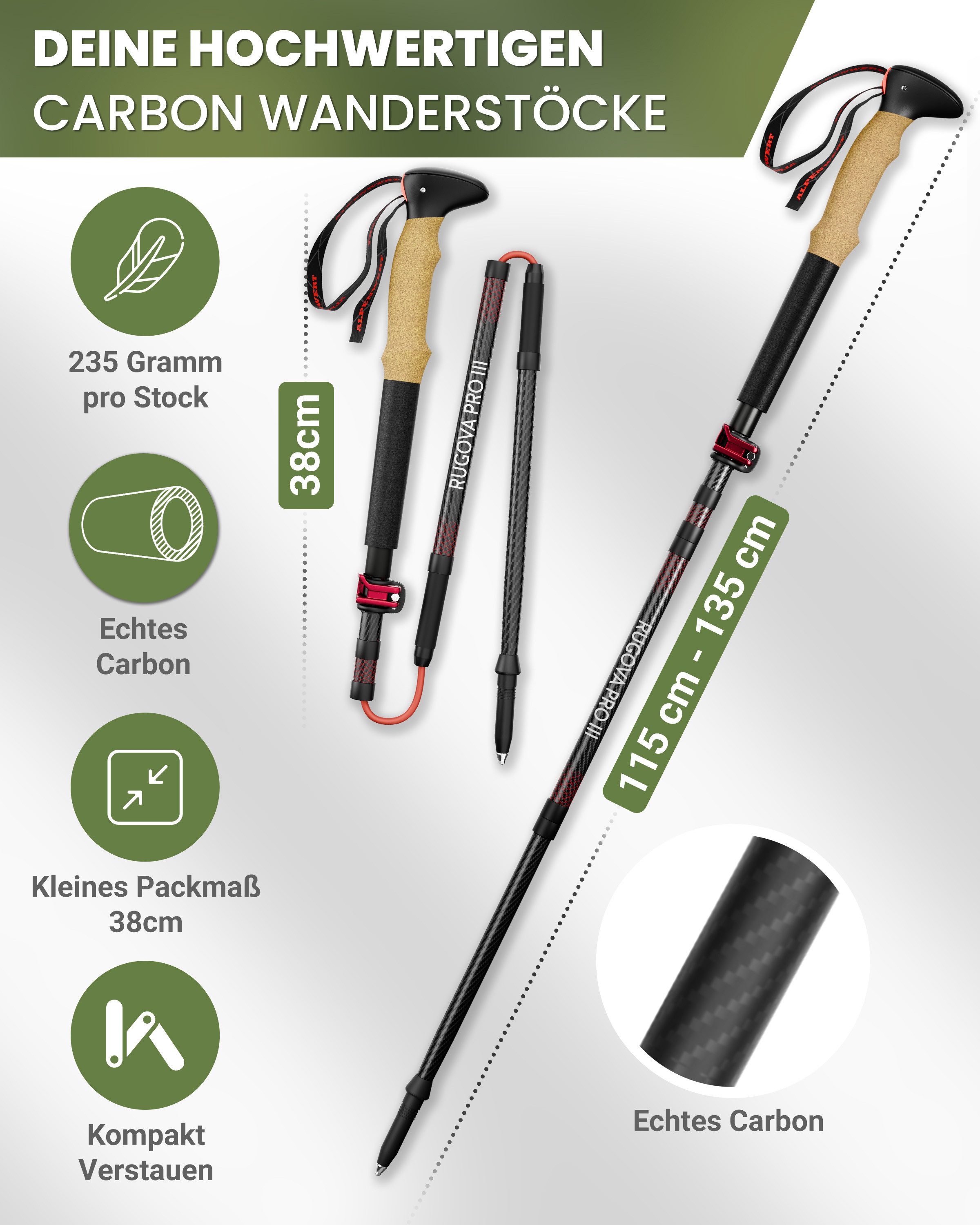 Alpenwert Wanderstöcke faltbar Nordic Walking Stöcke Damen Herren Trekkingstöcke Trekking (NEUHEIT, 12 Teiliges Set), Wanderstöcke Faltbar