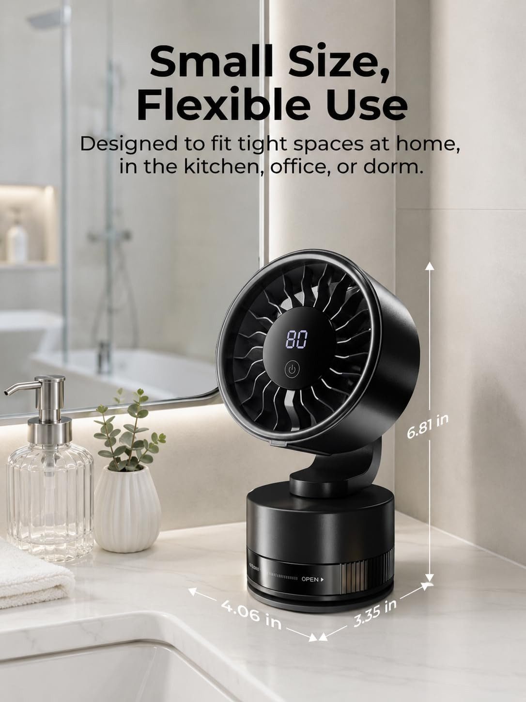 MOPUEA Tischventilator Tragbarer Standventilator Akku Mini Ventilator mit LED Display 6Stufen, 90° Neigung USB Aufladbar Leiser Luftzirkulator für Büro Schlafzimmer