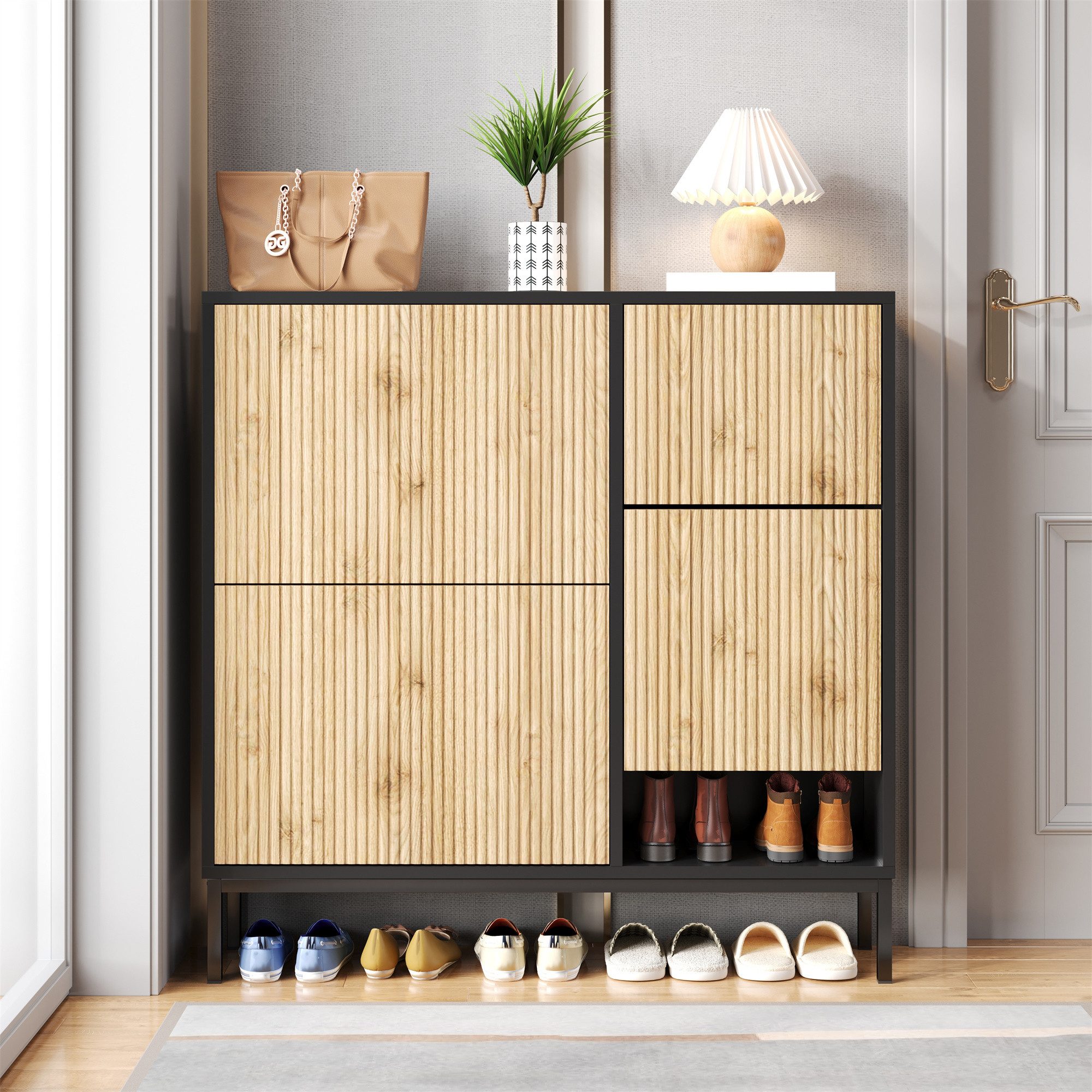 Merax Schuhschrank mit Schuhwechselhocker Schuhregal mit 3 Klappen und offenem Ablagefläche, Breit: 100cm