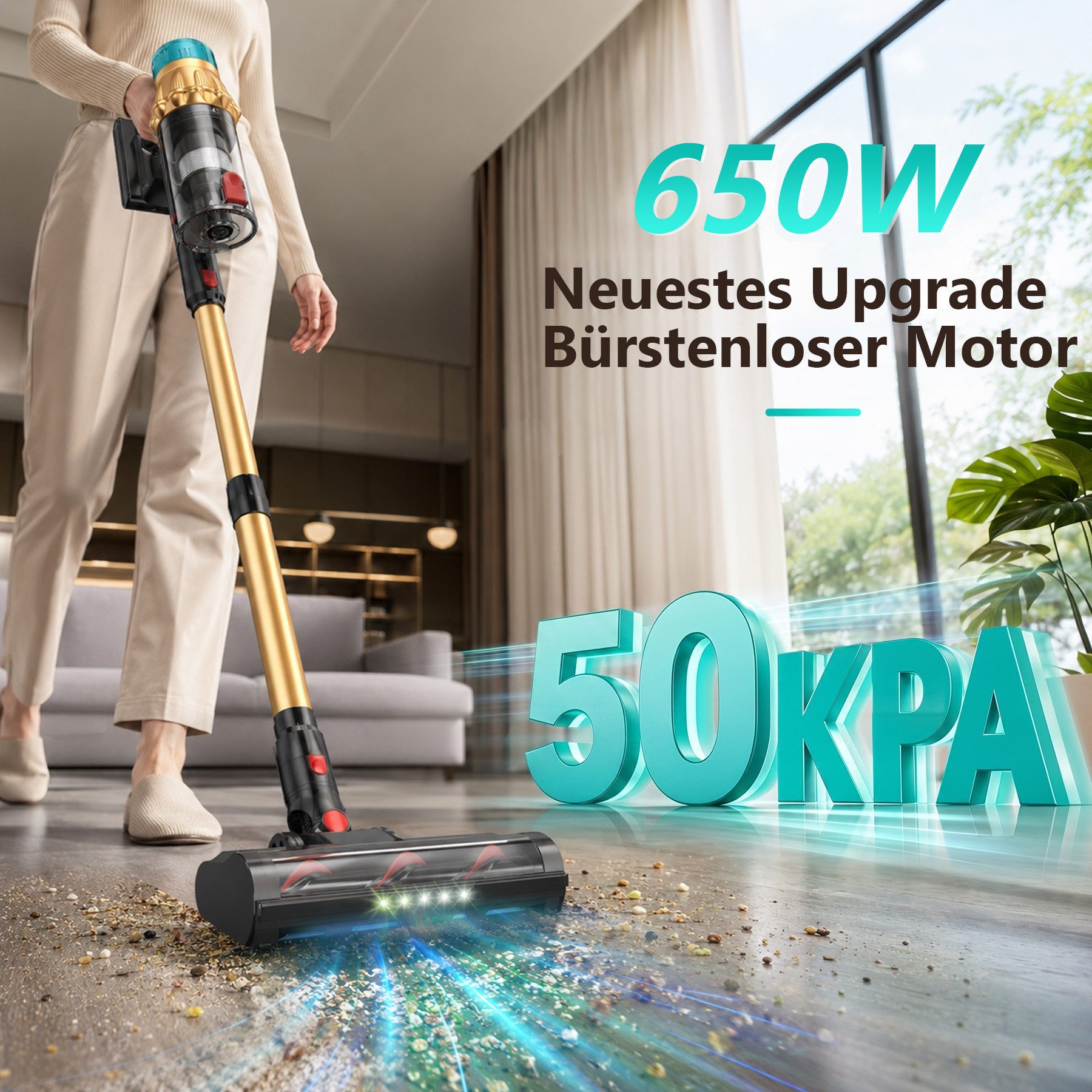 Rosnek Akku-Hand-und Stielstaubsauger Akku Staubsauger, Kabelloser Staubsauger für Tierhaare & Teppich, 650 W, beutellos, 50kPa Stark, 60Min, Anti-Tangle, inkl. Wandladestation
