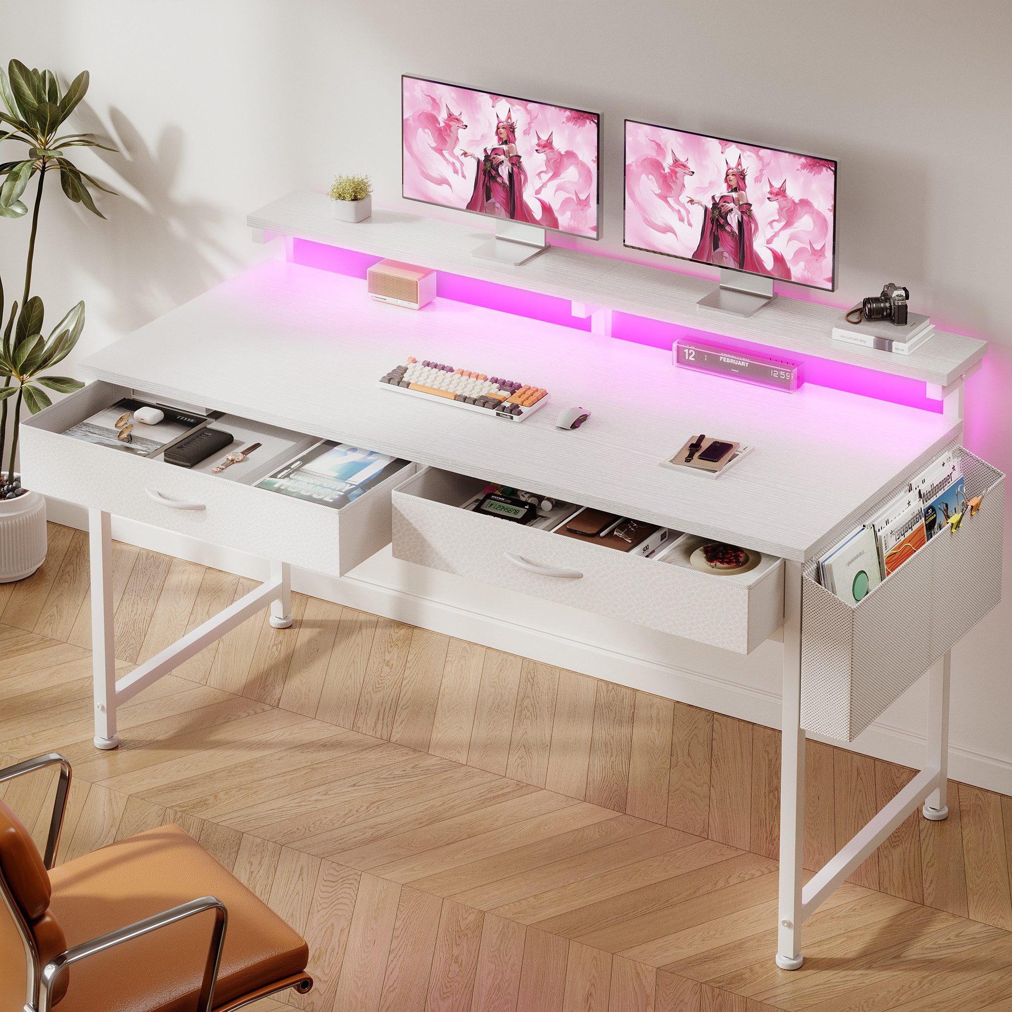 Klyvvo Schreibtisch mit 3 Schubladen, Gaming Schreibtisch mit LED Bieten Stauraum (1-St., Monitorständer & Seitenfach, Gaming Tisch RGB mit Fernbedienung), Kompakte Maße Passen Gut in Studierende, Home-Office-Arbeiter