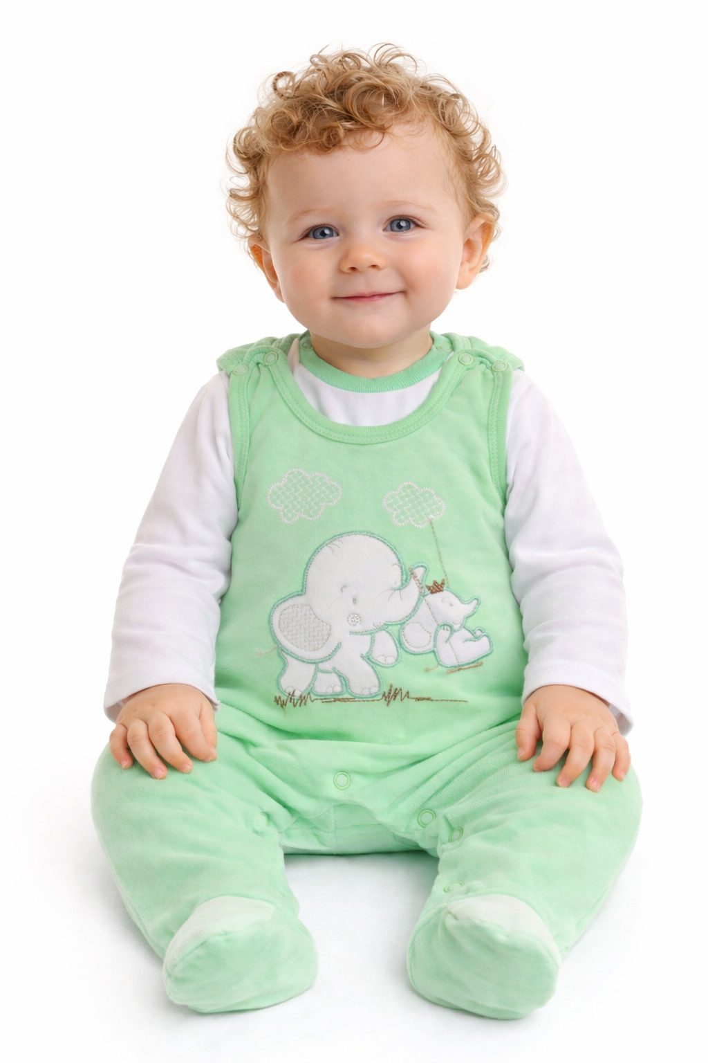 La Bortini Strampler Strampler und Shirt Baby Anzug in Grün mit Elefanten Stickerei aus Baumwolle und Velours, 44 50 56 62 68