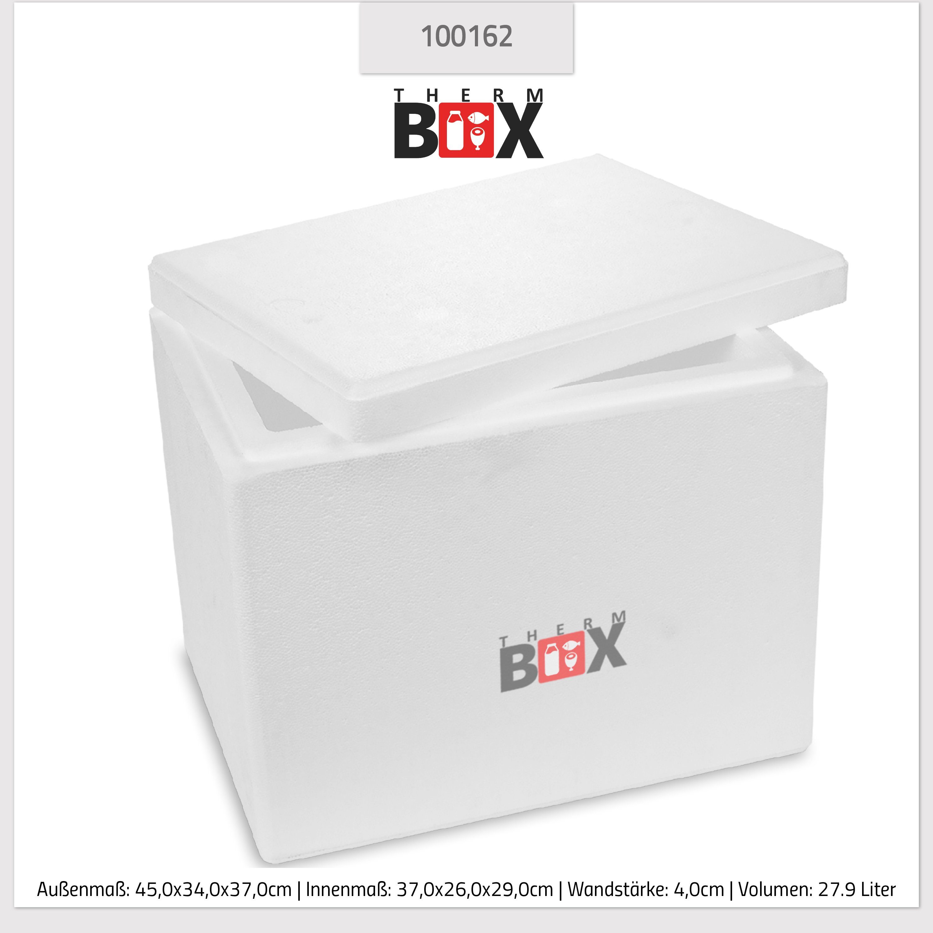 Styropor-Verdichtet, Innen: Box mit Thermobehälter Liter, 0-tlg., im Kühlbox Karton), Wand: 4cm THERM-BOX Isolierbox Wiederverwendbar Thermobox Styroporbox 27W 27,9 (1, Deckel Warmhaltebox 37x26x29cm