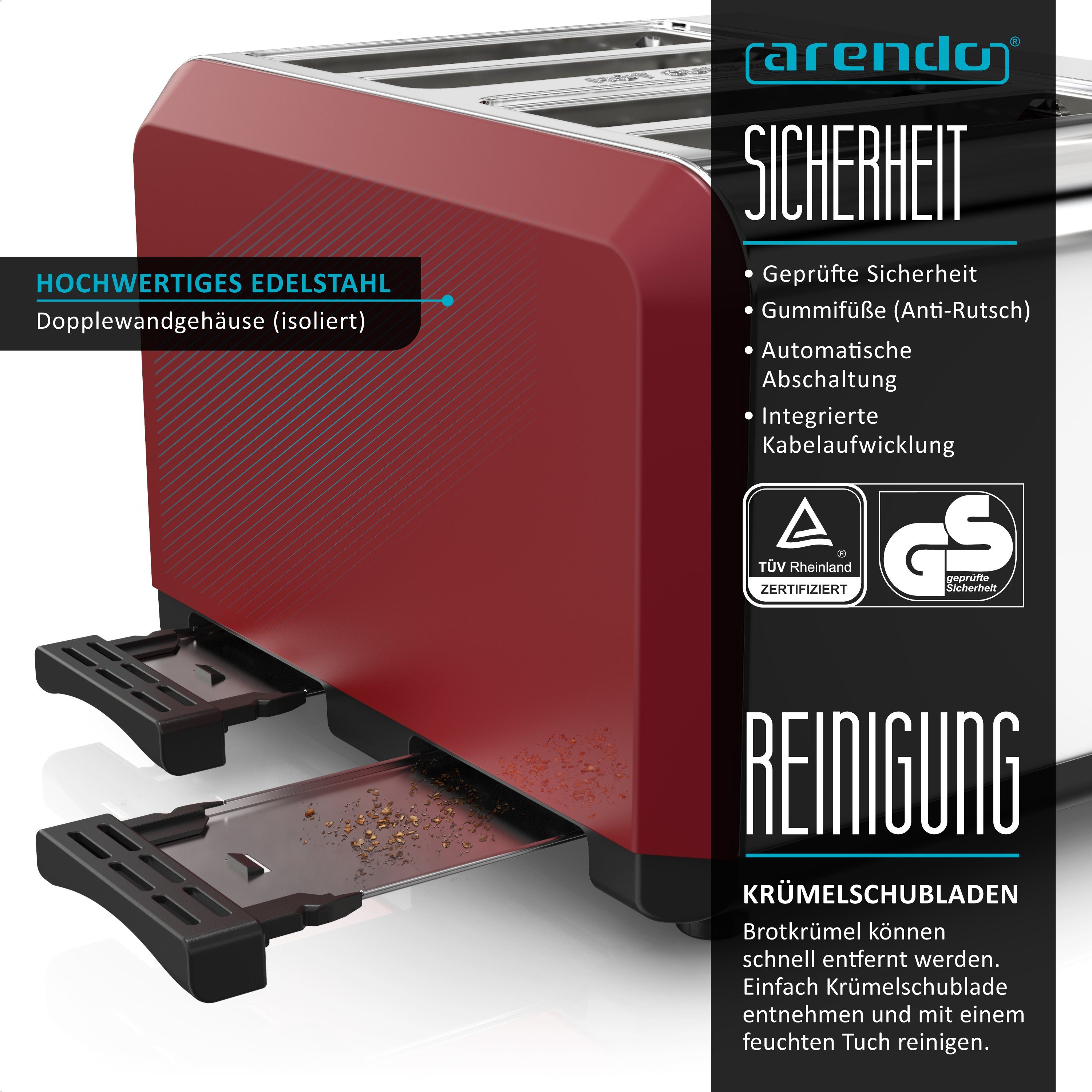 Arendo Toaster 4-Scheiben, Edelstahl Automatik, Wärmeisolierendes Doppelwandgehäuse, 4 kurze Schlitze, für 4 Scheiben, 1630 W, Bräunungsgrad 1-6, Aufwärm- & Auftaufunktion, GS-zertifiziert