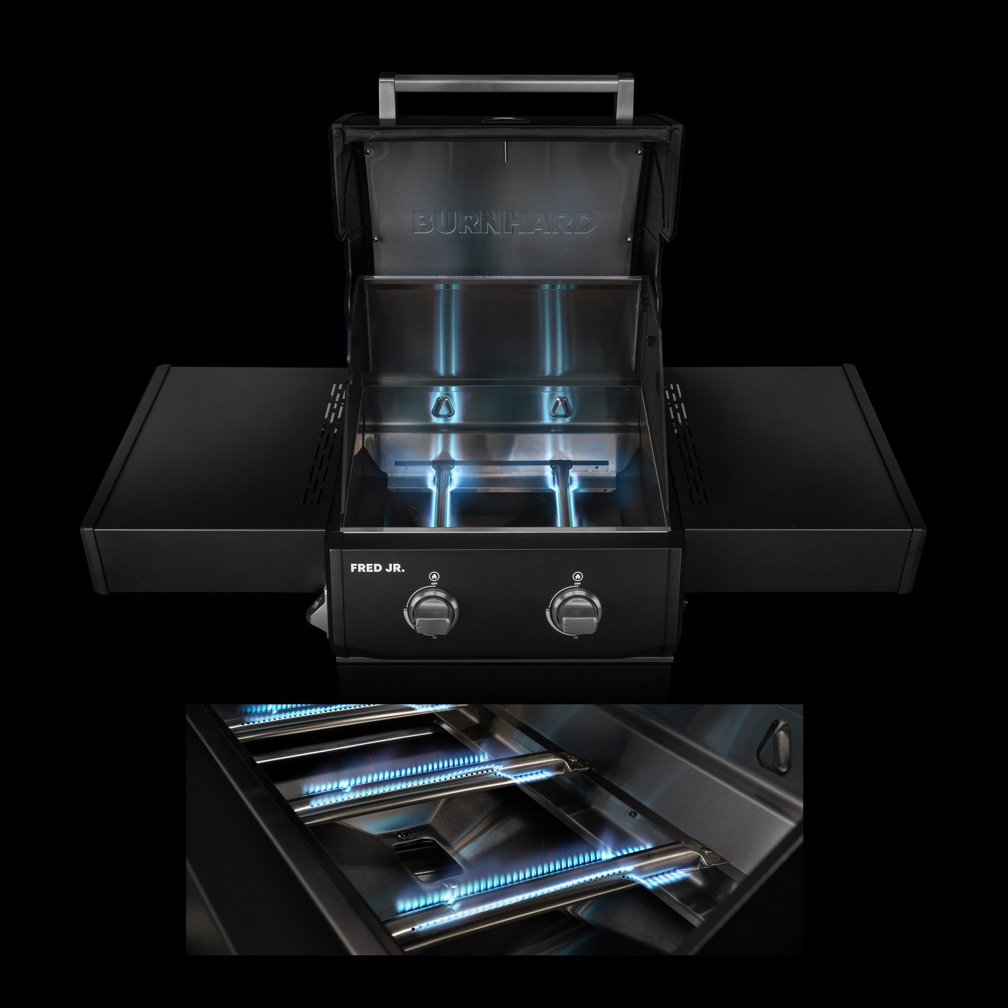 BURNHARD® Gasgrill 2-Brenner, 2x Edelstahl-Stabbrenner, 3,75 kW, Seitentisch, Gussrost, Piezo-Zündung, kompakt, für 5 Personen – FRED Jr. Base