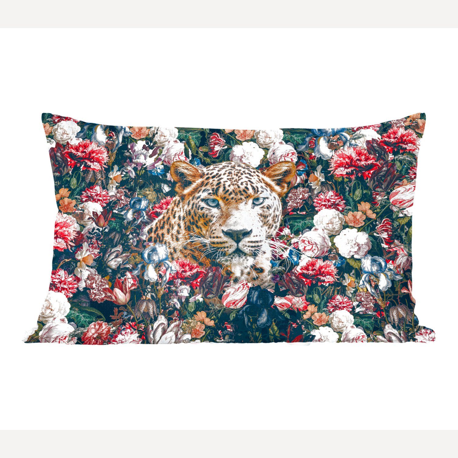 MuchoWow Dekokissen Leopard - Blumen - Tiere, Wohzimmer Dekoration, Zierkissen, Dekokissen mit Füllung, Schlafzimmer