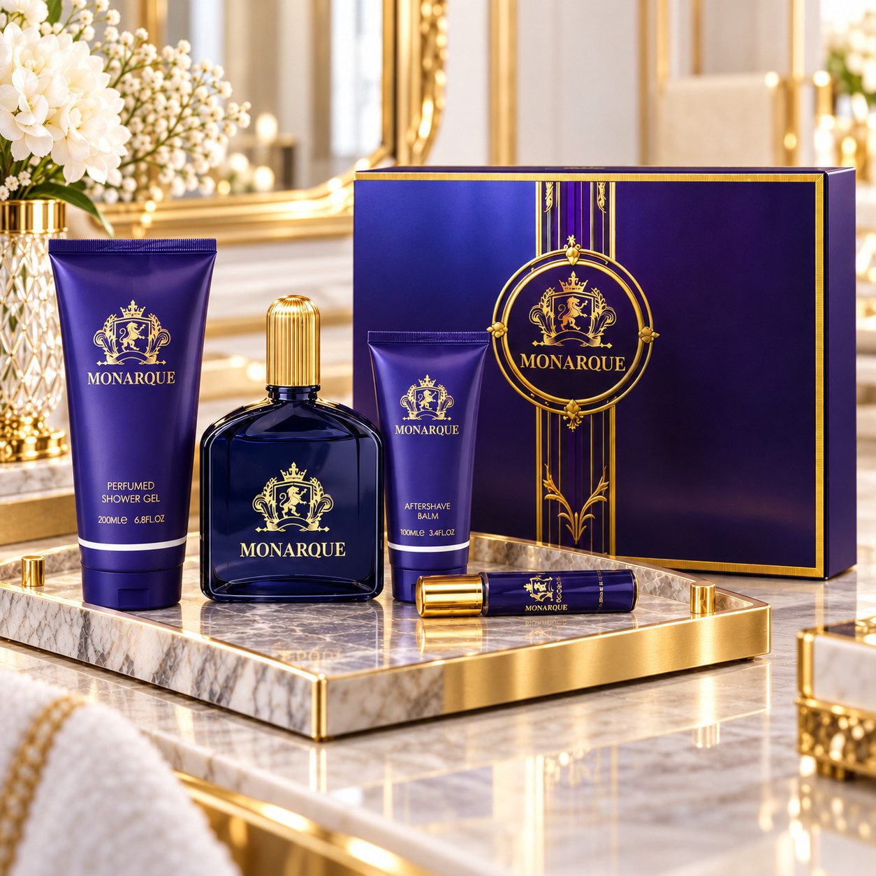 Fine Perfumery London Pflege-Geschenkset Monarque Pour Homme 4-tlg. Herren Duftset: EdP, Duschgel, Aftershave, 4-tlg., Hergestellt in UK, Geschenkset, Zitrisch Würzig