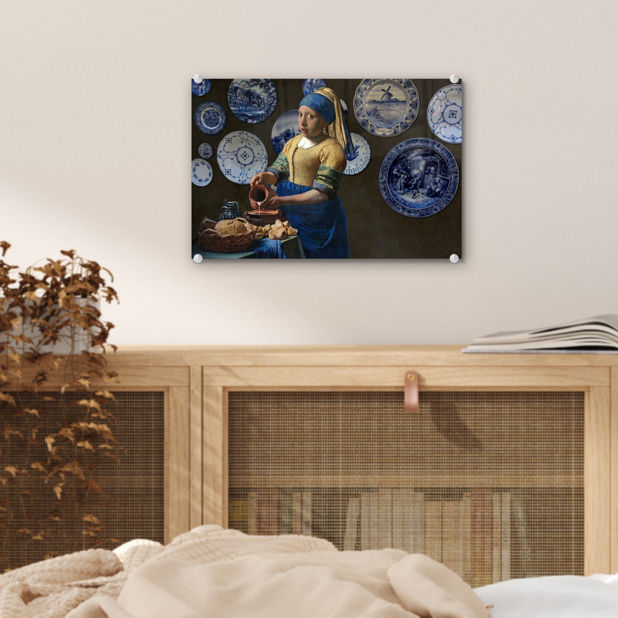 - Foto Wandbild Glas mit St), - auf Blau, Glas MuchoWow Delfter Wanddekoration - Perlenohrring Milchmädchen Bilder - (1 Acrylglasbild auf Mädchen Glasbilder -