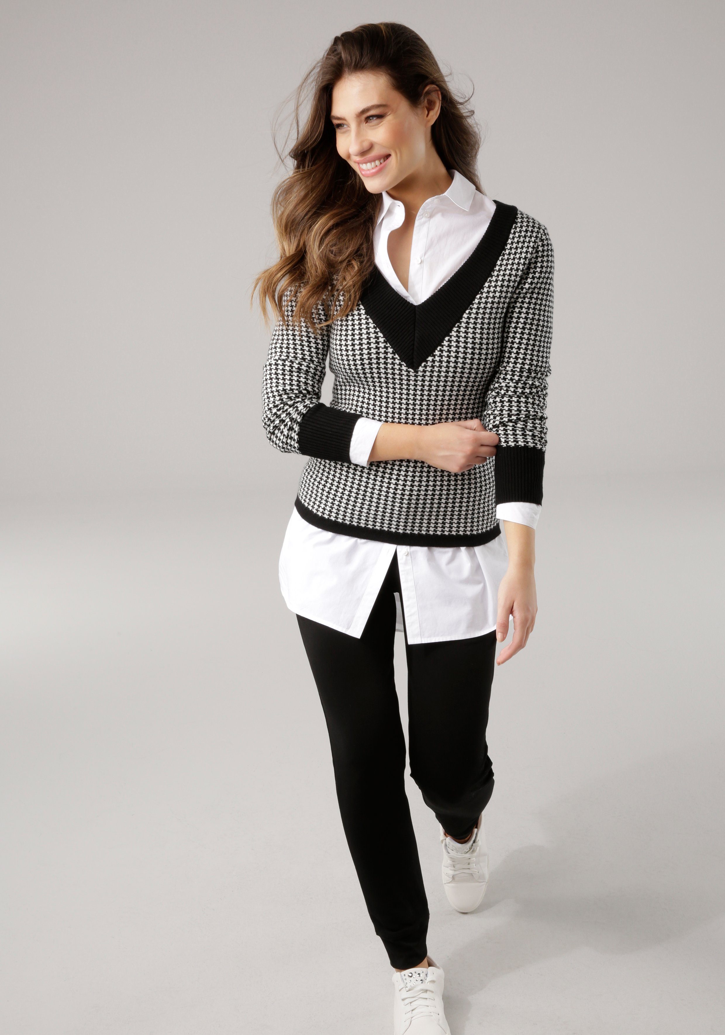 Melrose V-Ausschnitt-Pullover mit Hahnentritt-Muster online kaufen | OTTO