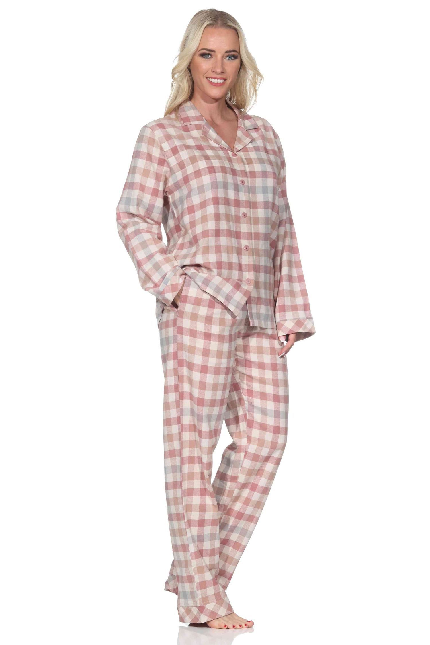 Normann Pyjama Normann Damen Flanell Schlafanzug langarm Pyjama in Karo-Optik