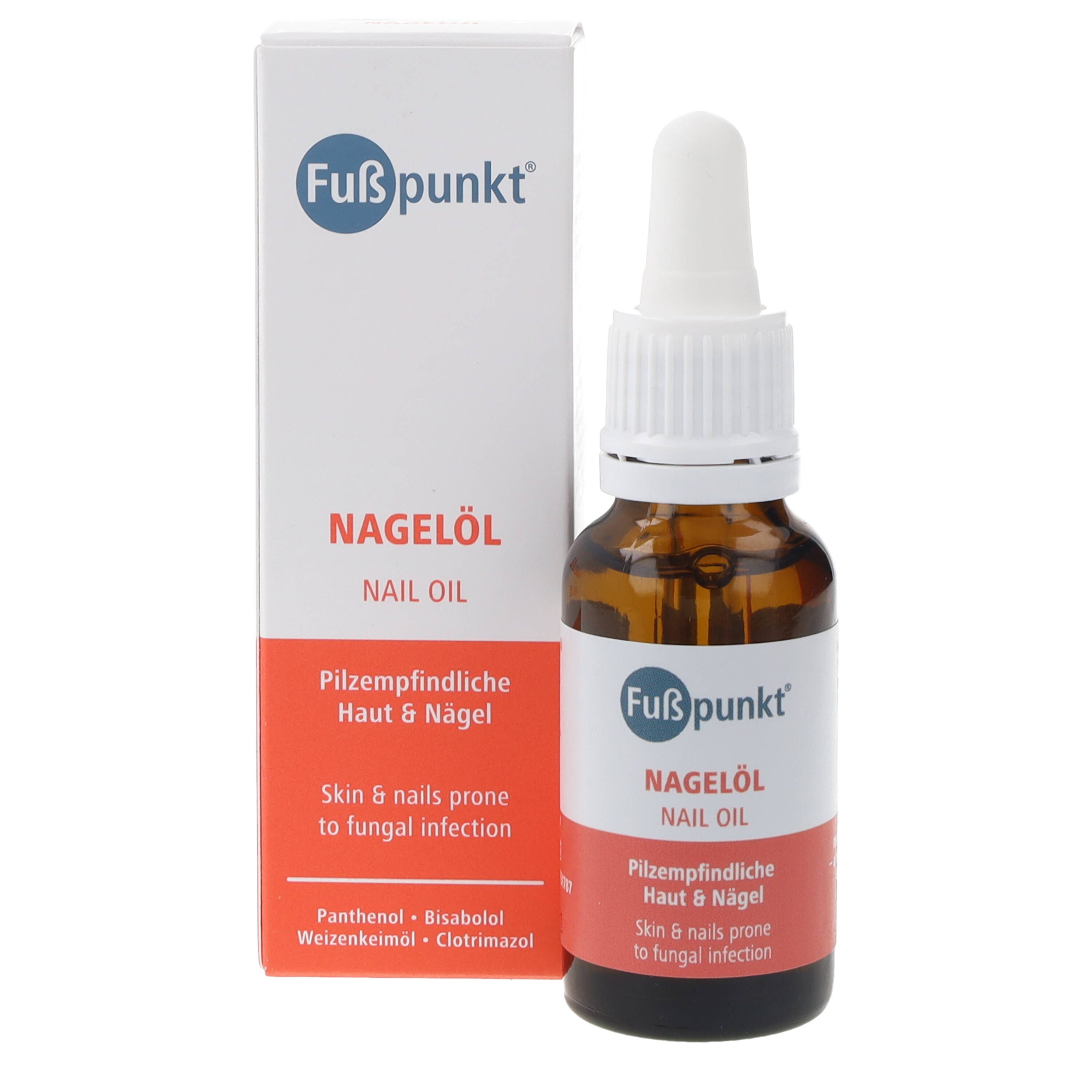 Fußpunkt Nagelpflegeöl Fußpunkt Nagelöl 20ml Spezialpflege für beanspruchte, brüchige Nägel, 1-tlg., Verbessert spür- & sichtbar das Erscheinungsbild, mit Bisabolol, Panthenol, Clotrimazol & Weizenkeimöl