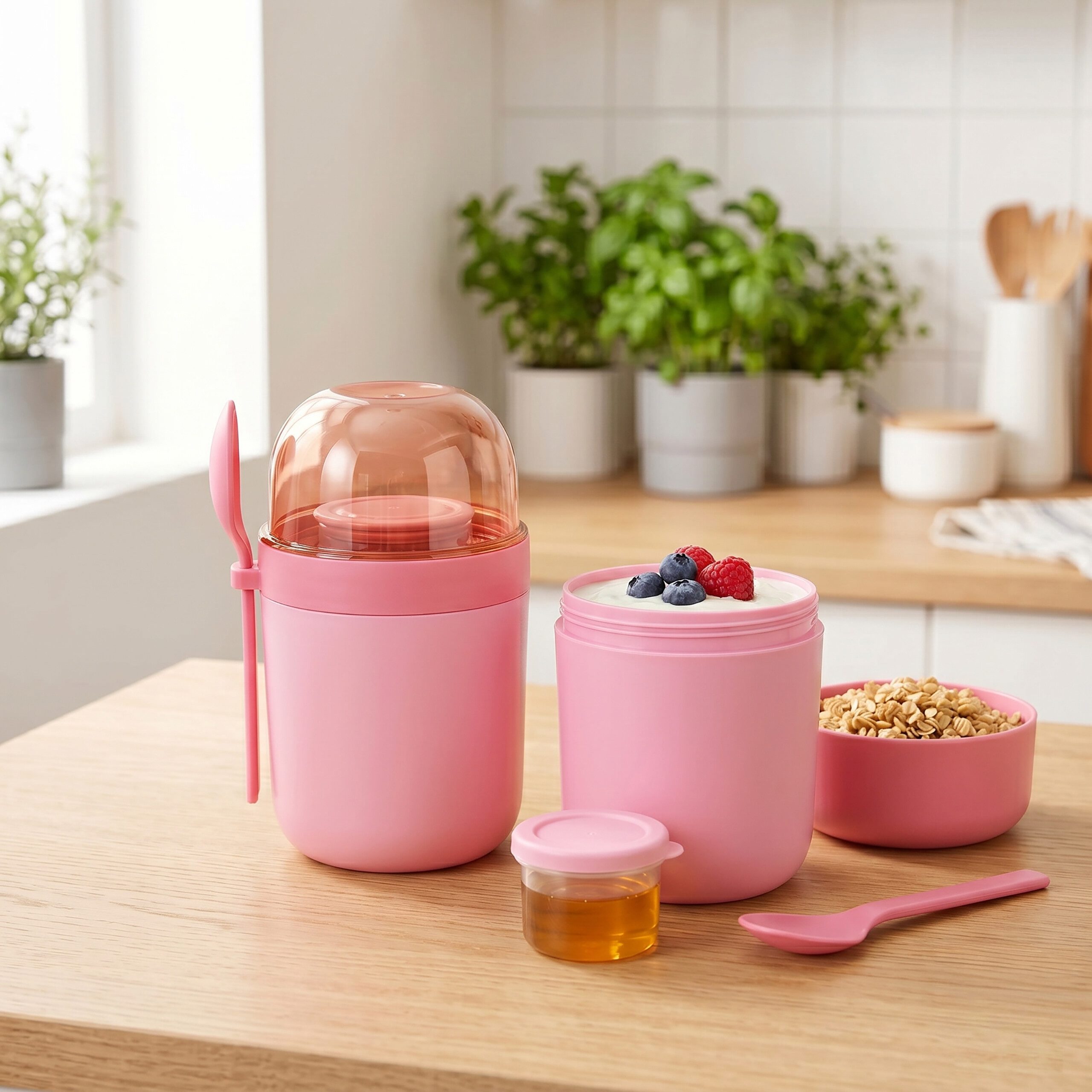 relaxdays Müslibox Müslibecher to go 4er Set, Kunststoff, Pink