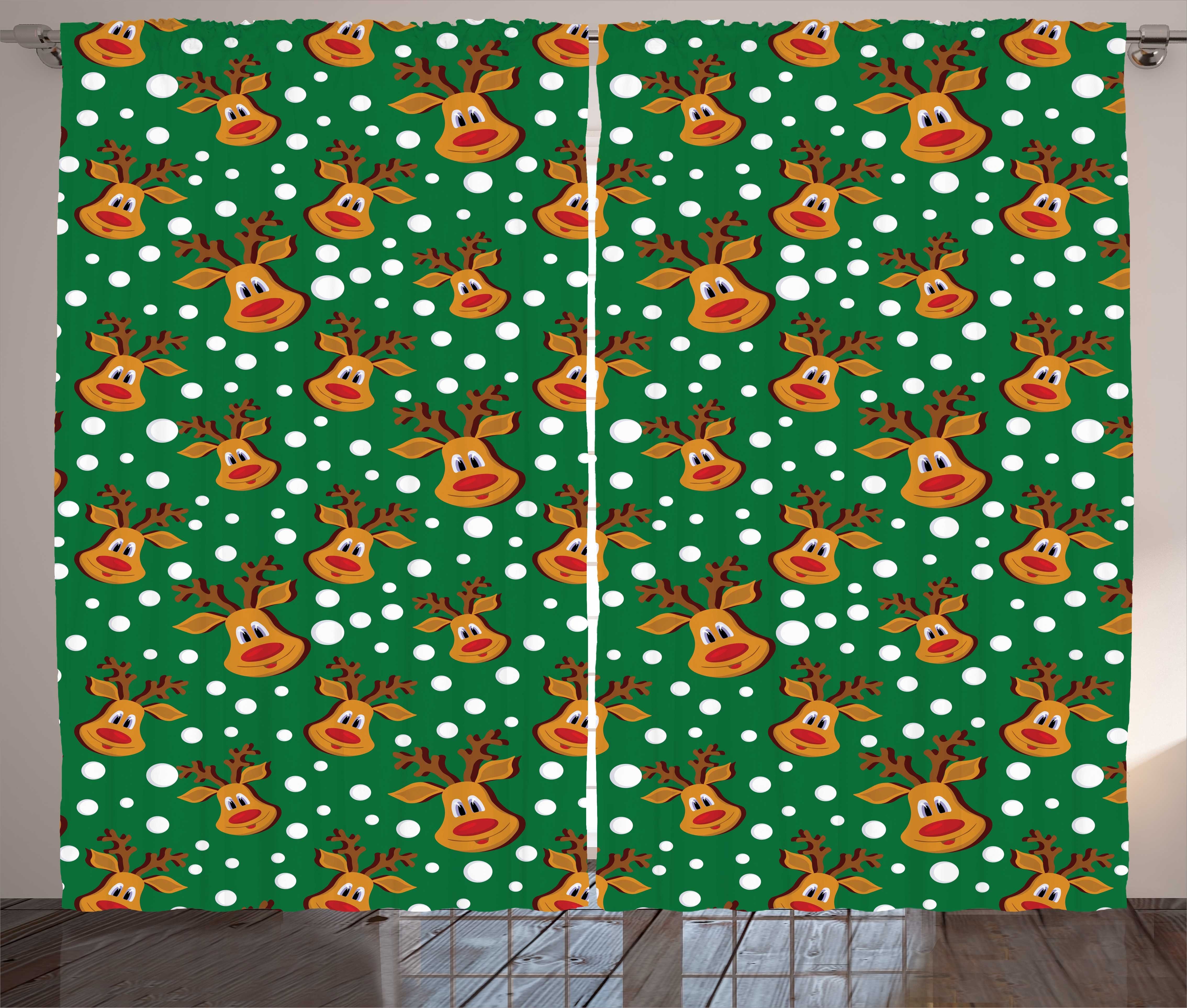 Gardine Schlafzimmer Kräuselband Vorhang mit Schlaufen und Haken, Abakuhaus, Grünes Weihnachten Cartoon Deer Schneeflocken