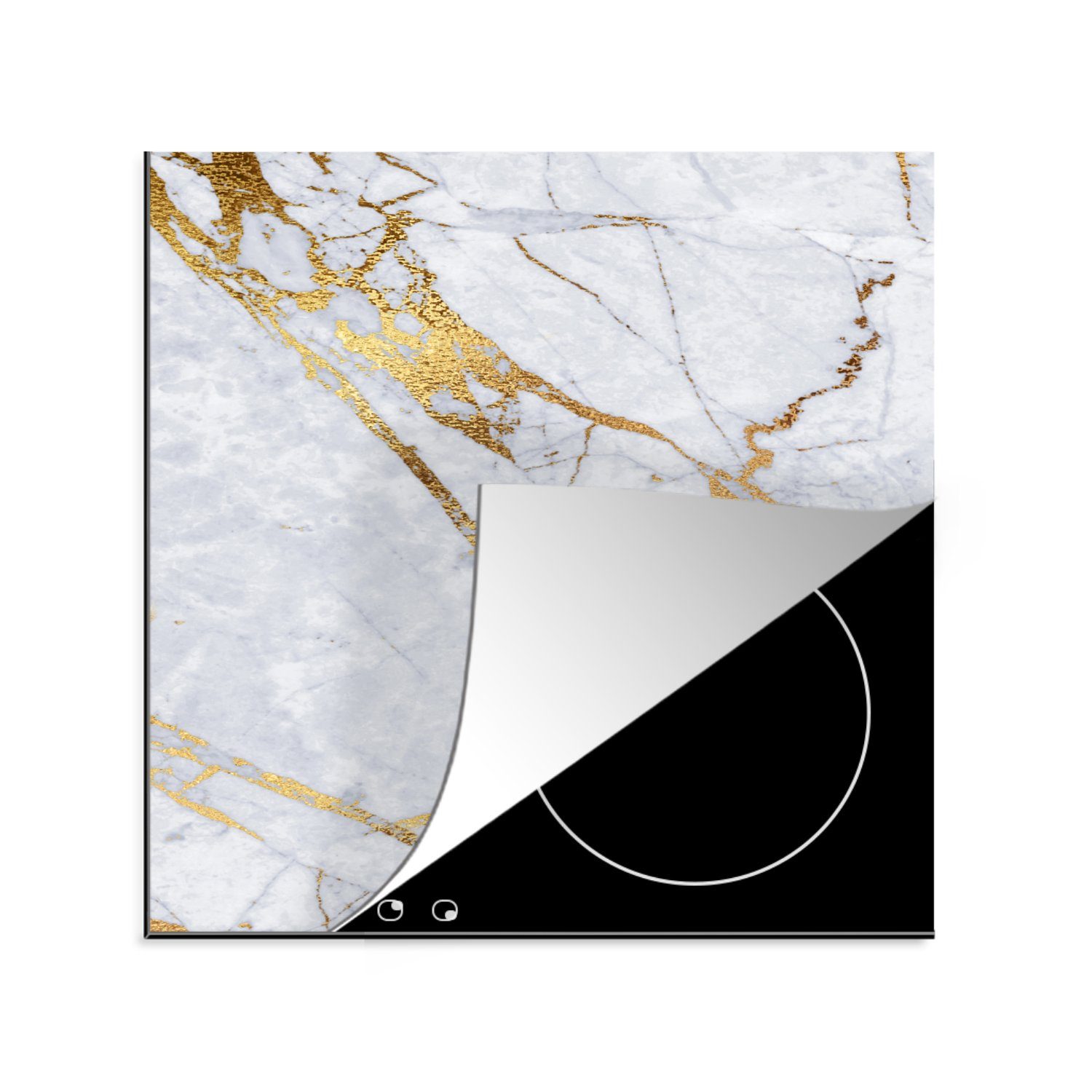 MuchoWow Herdblende-/Abdeckplatte Marmor - Weiß - Gold, Vinyl, (1 tlg), 78x78 cm, Ceranfeldabdeckung, Arbeitsplatte für küche