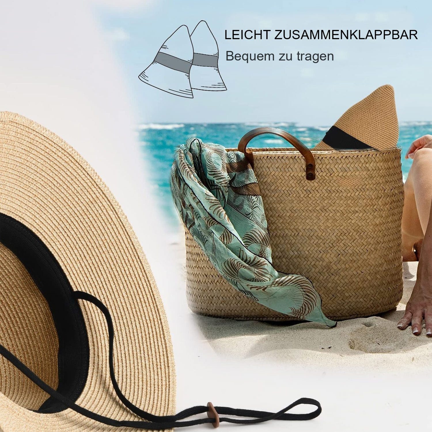 Refttenw Strohhut Damen Sonnenhut mit Verstellbares Kinnband, faltbarer Strandhut Sonnenschutz & Atmungsaktiv – ideal für Reisen & Strand
