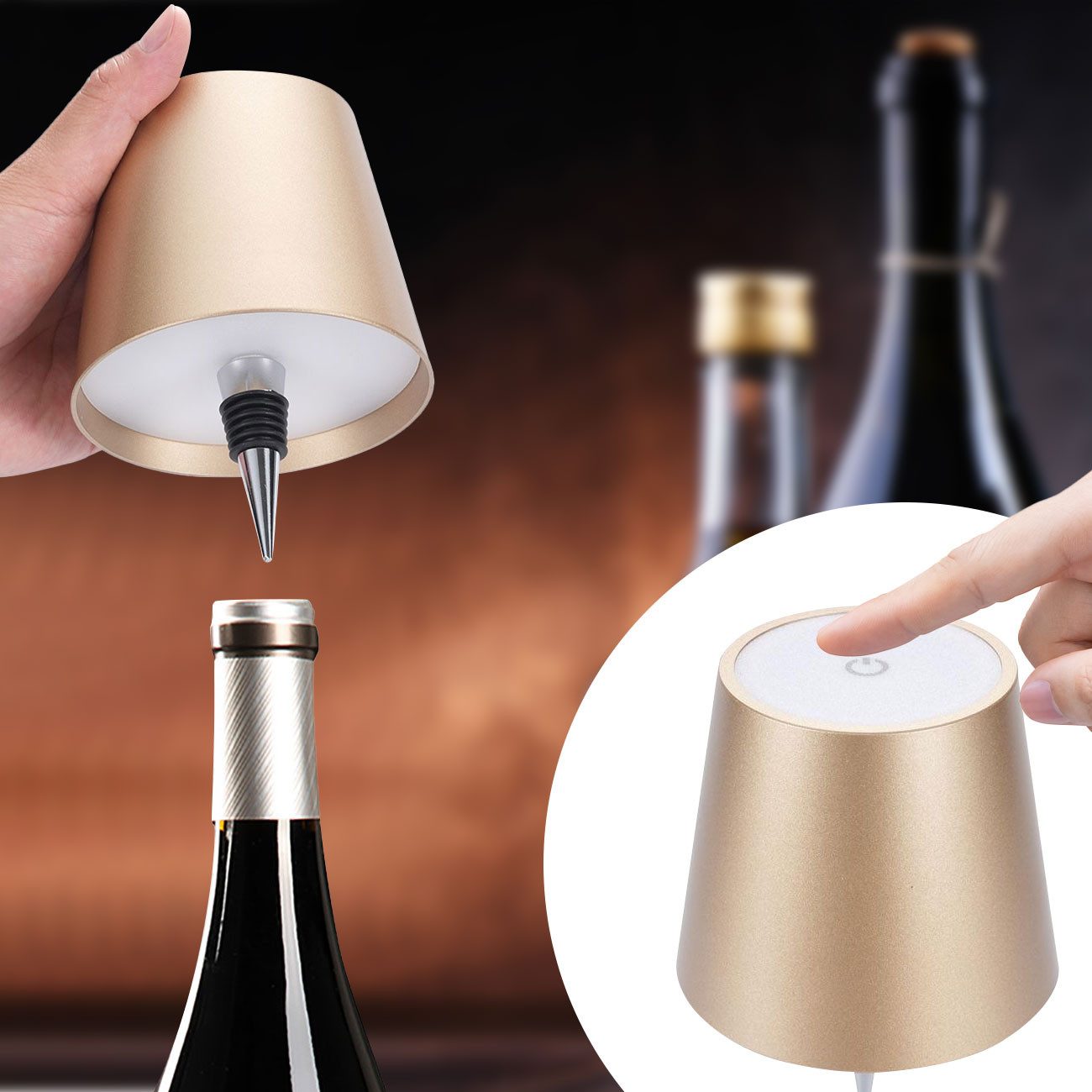 shop'n smile ideoon LED Tischleuchte Akku Flaschenlampe dimmbar LEDs in 3 Lichtfarben Ø 10,5 x14,5 cm Touch, LEDs mit 3 auswählbaren Lichtfarben, Kaltweiss / Warmweiss / Naturweiss, USB-C-Aufladung inkl. Kabel, Metall-Lampenschirm, in Gold