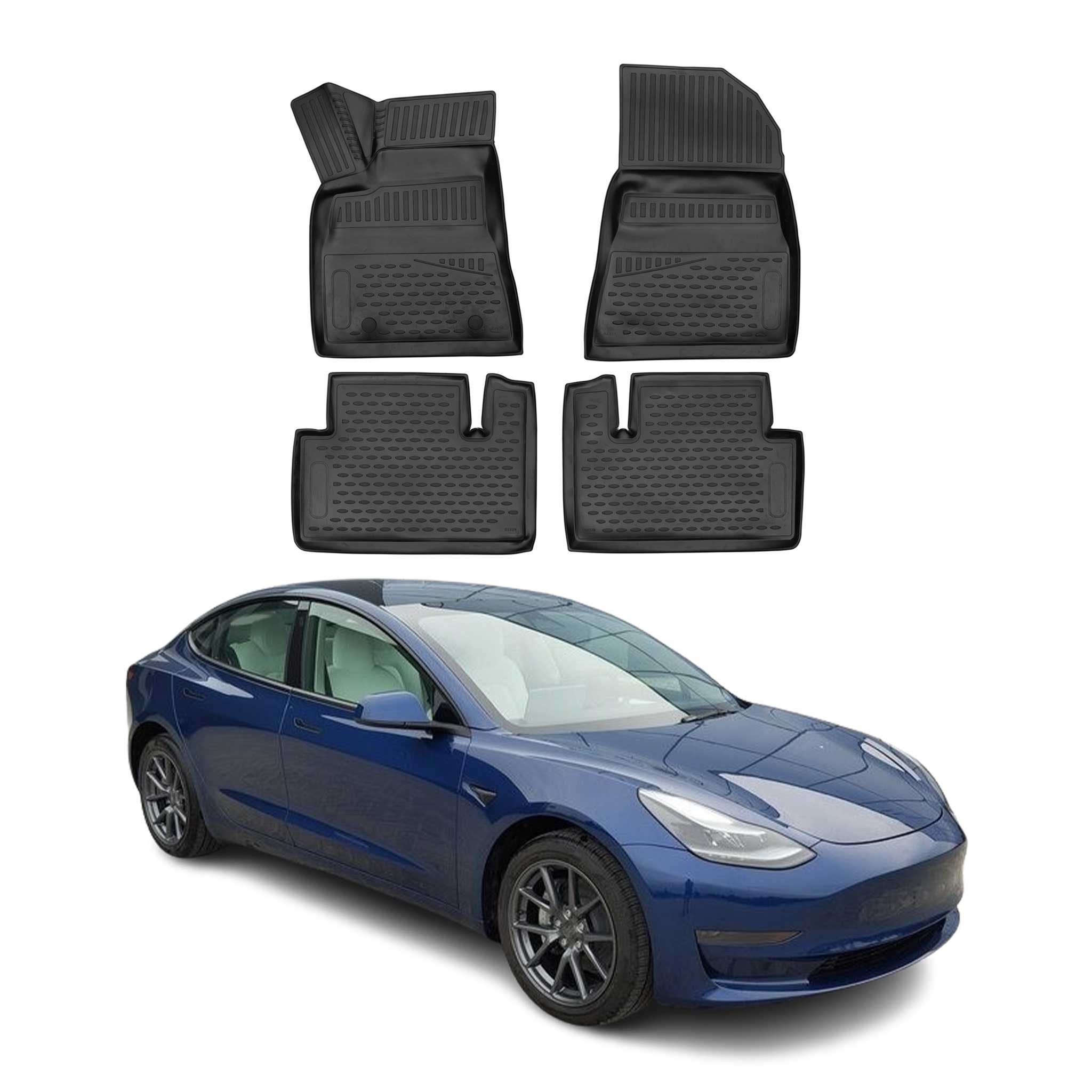 OMAC Auto-Fußmatten für Tesla Model 3 2017-2024 Schwarz 4 tlg TPE (4 St), für Tesla Model 3 2017-2024 Tesla Model 3 2017-2024, Antirutsch,Wasserfest,Einfache Installation