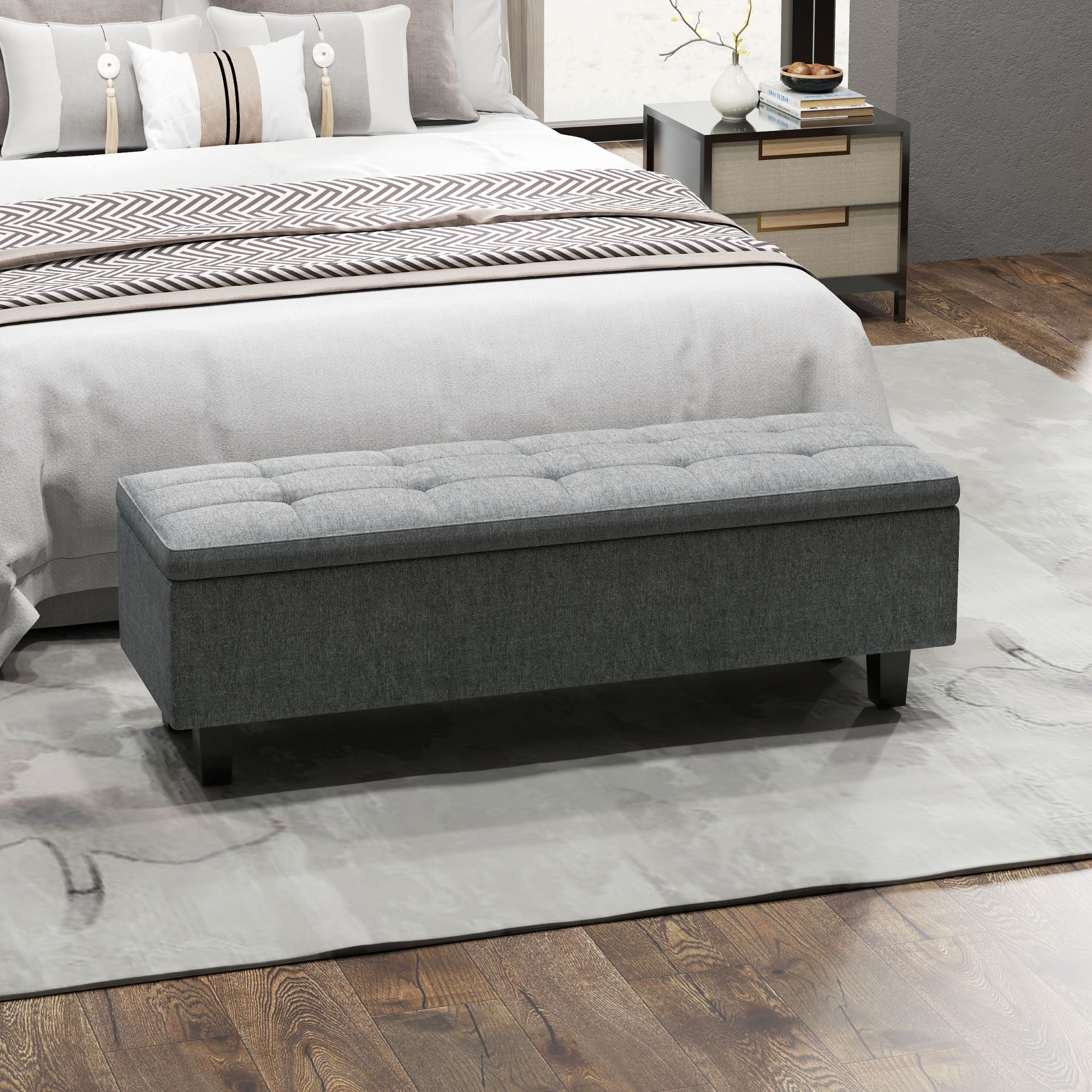 REDOM Polsterbank Sitzbank Dunkelgrau 138x40x45 cm, Stauraum, Leinenoptik, Holzbeine (Packung, 1-St., Polsterbank für Flur, Schlafzimmer & Wohnzimmer), Stilvolle Bettbank mit bequemer Sitzfläche & Aufbewahrung
