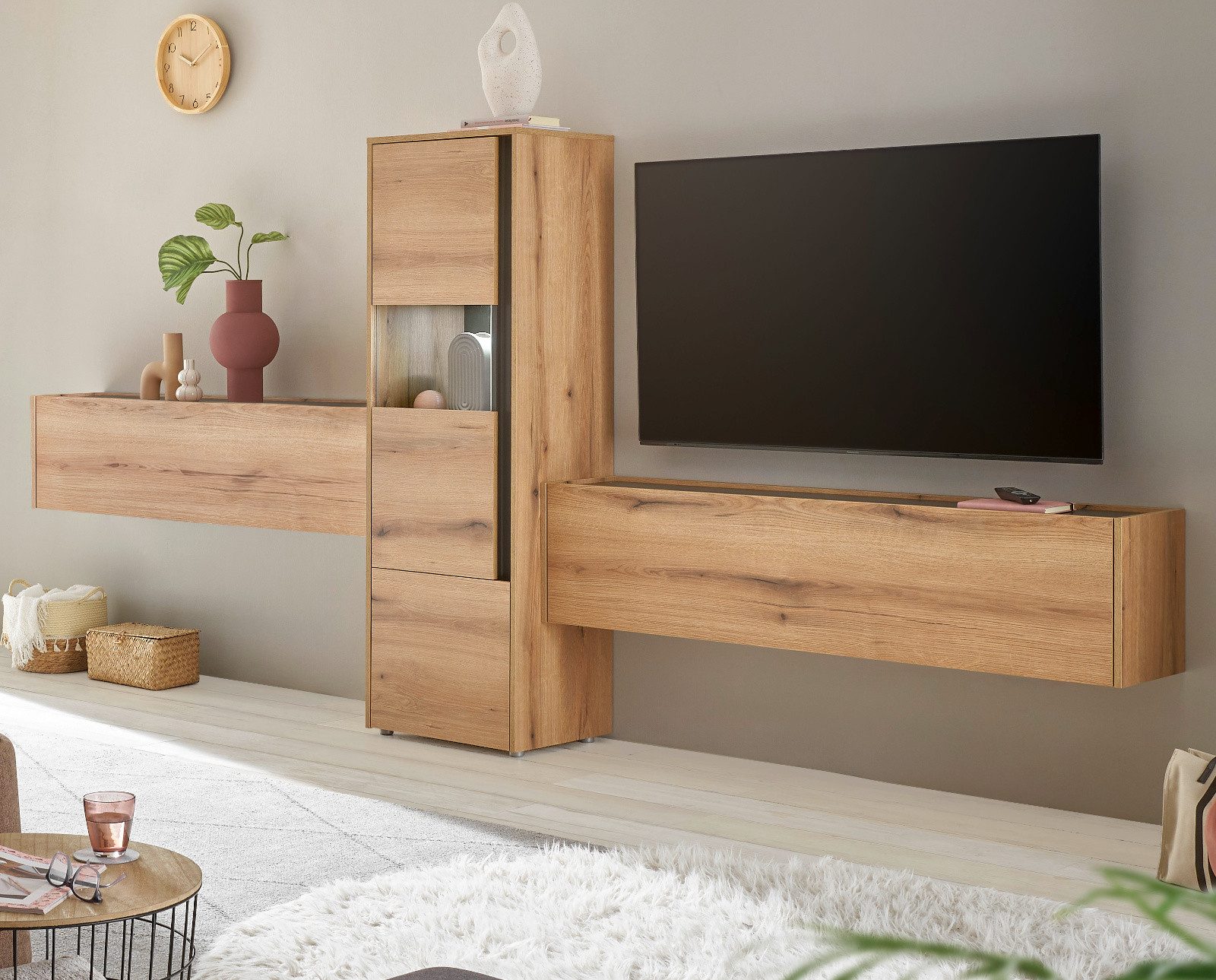 Furn.Design Wohnwand Center, (Schrankwand in Eiche Evoke und grau, 350 x 155 cm), hängend