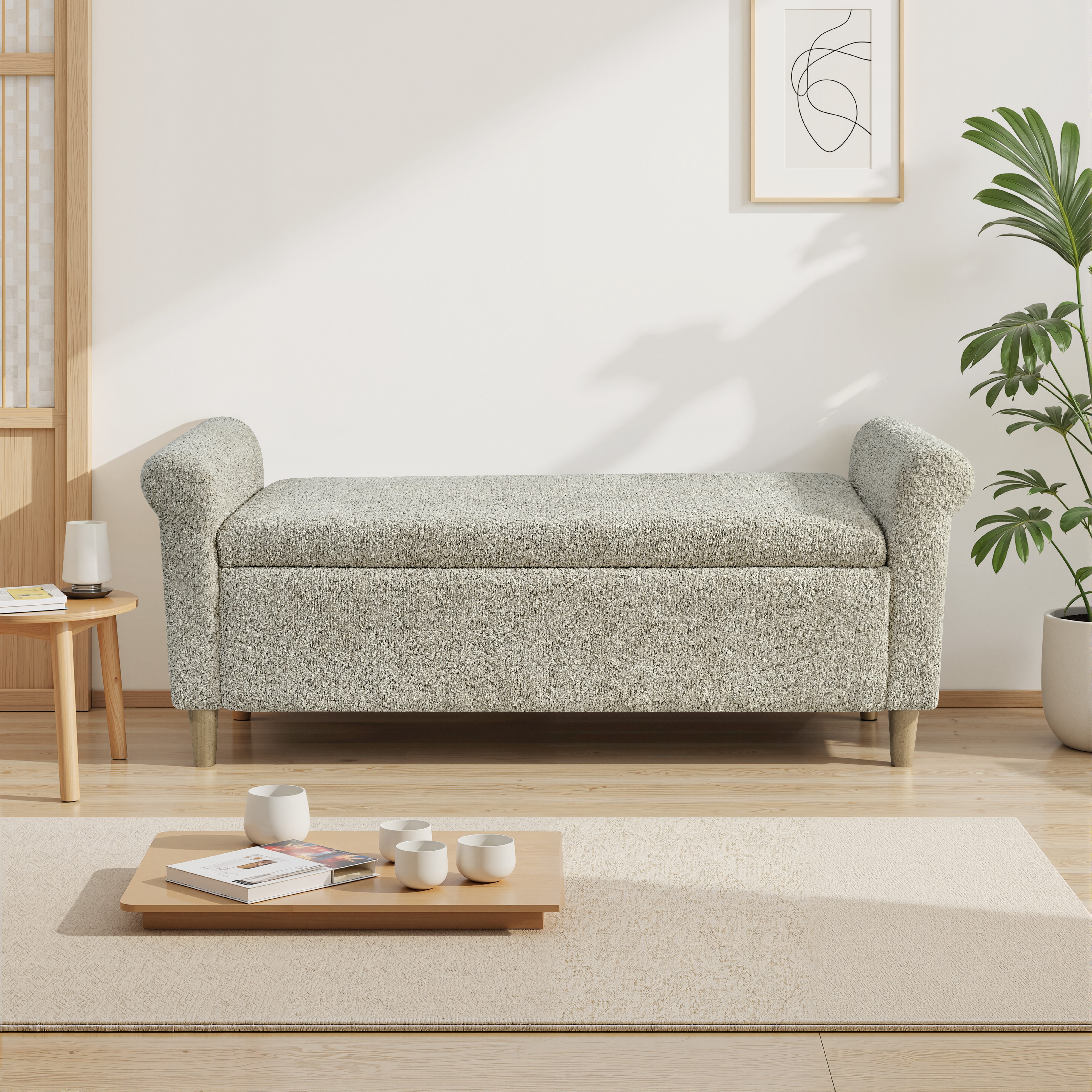 BBWL Polsterbank Storage Ottoman Fußhocker mit Stauraum, Stoffbezug, Hebeldeckel, skandinavischer Stil, kompakt, Wohnzimmer, Schlafzimmer, Holzbeine
