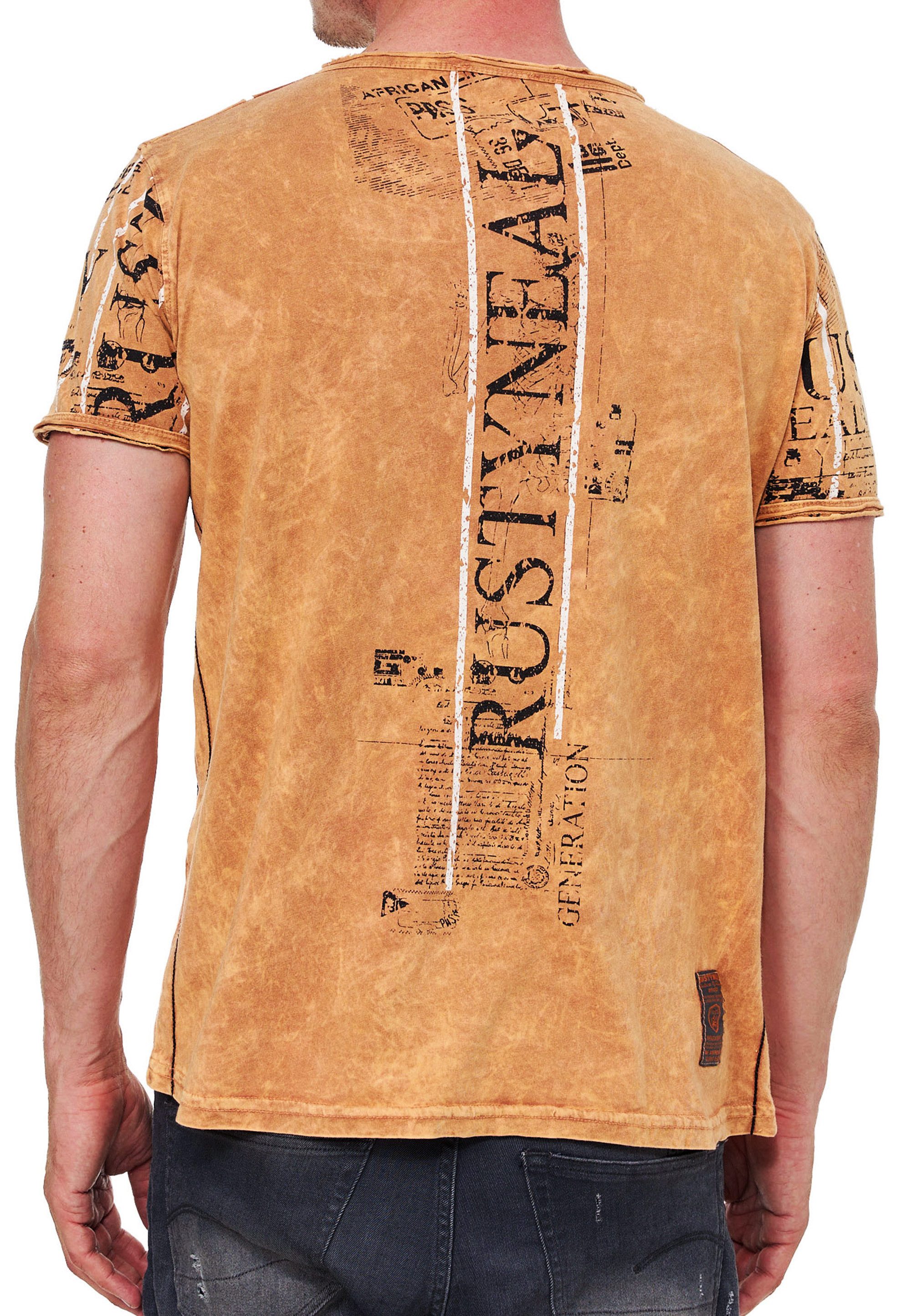 R-NEAL T-Shirt Henley T-Shirt mit Knopfleiste und Skull Print Herren Rocker günstig online kaufen