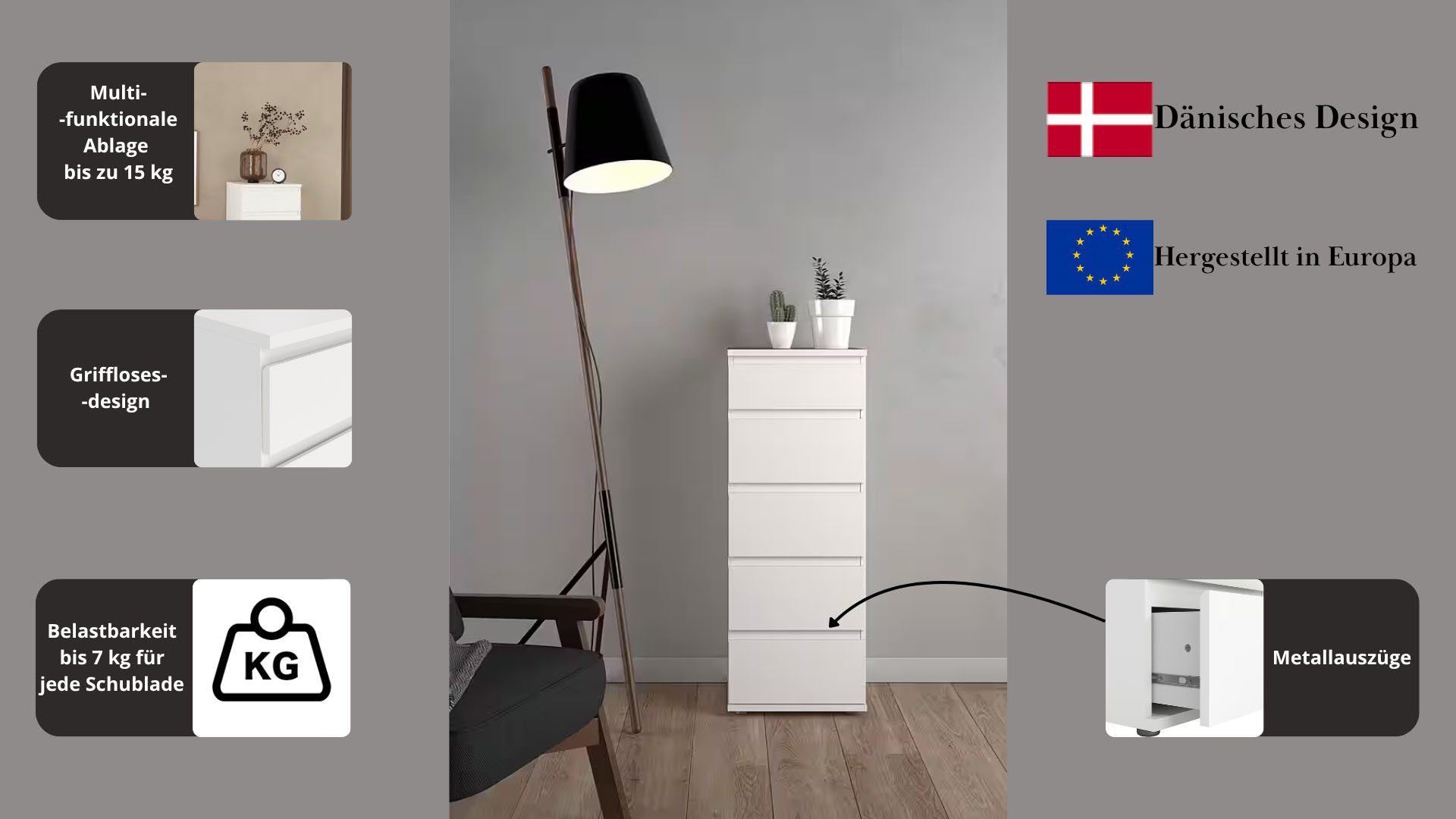 INOSIGN Kommode Nova, Aufbewahrung mit 5 Schubladen, folienbeschichtet, grifflos, Minimalistisch in Weiß oder Eichenoptik, skandinavisches Design