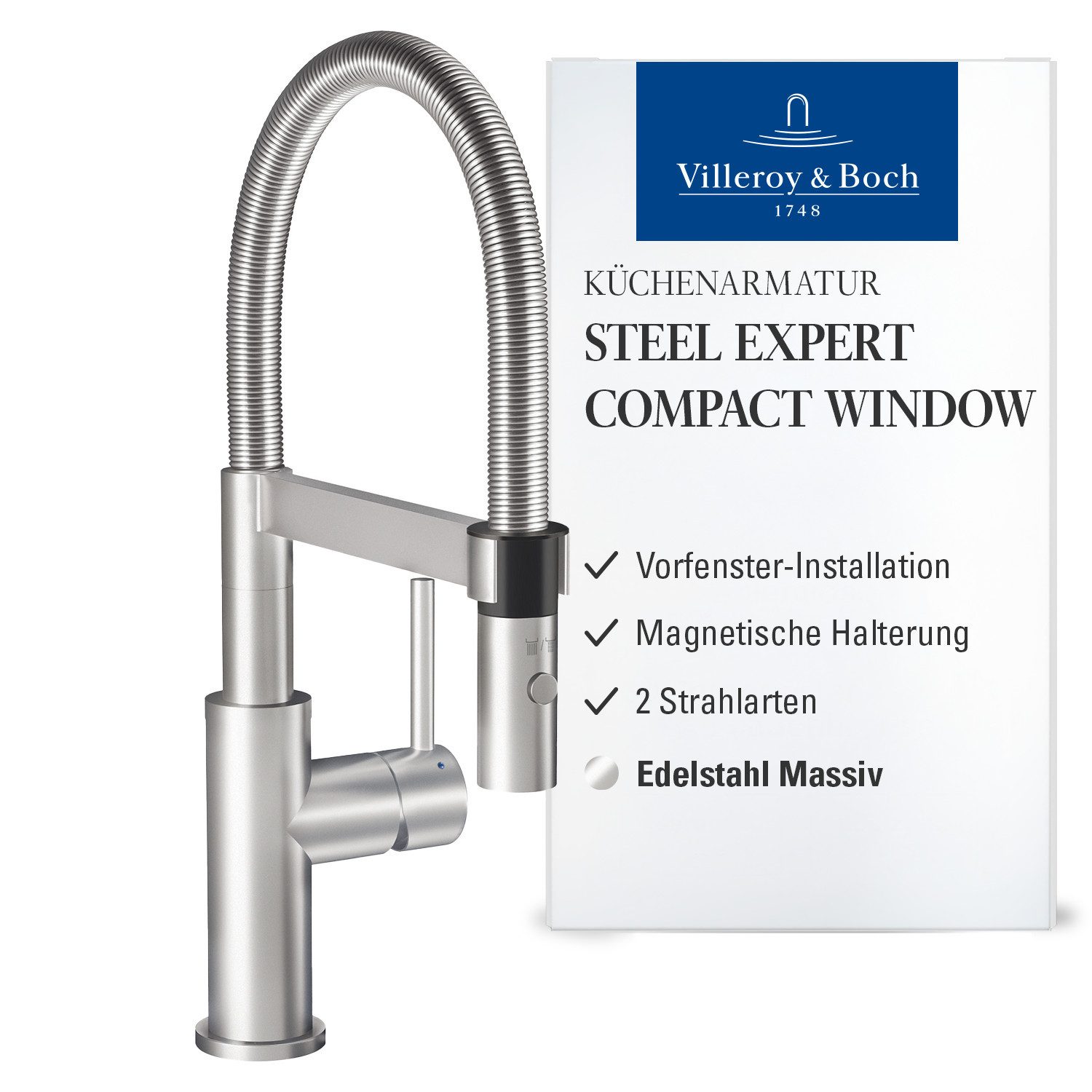 Villeroy & Boch Küchenarmatur Steel Expert Compact Window Vorfenster-Montage, 2 Strahlarten, Edelstahl massiv