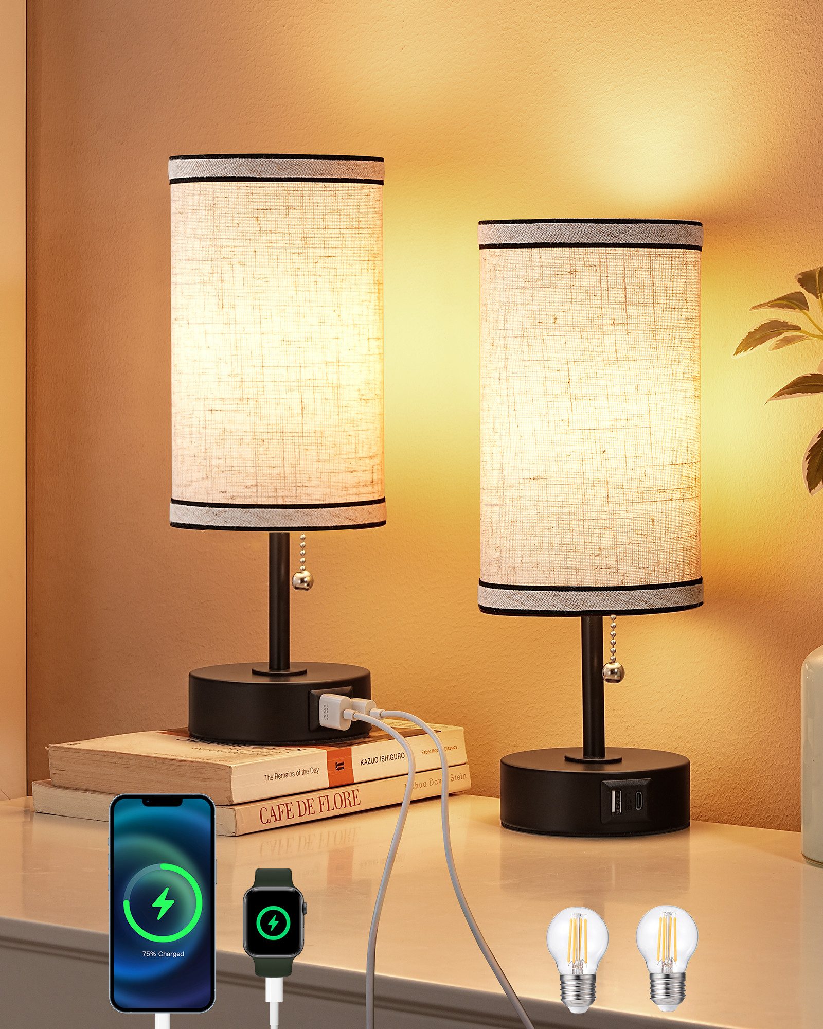 EDISHINE LED Nachttischlampe 2er-Set Tischleuchten mit USB, Dekolampen, LED wechselbar, warmweiß, kleine Tischlampe mit Ladefunktion, Metall-Zugschalter
