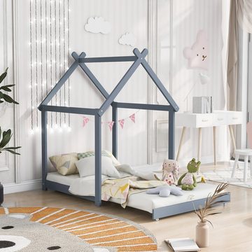 SOFTWEARY Kinderbett Hausbett mit ausziehbarem Lattenrost (90x200 cm), Einzelbett, Holzbett aus Kieferholz