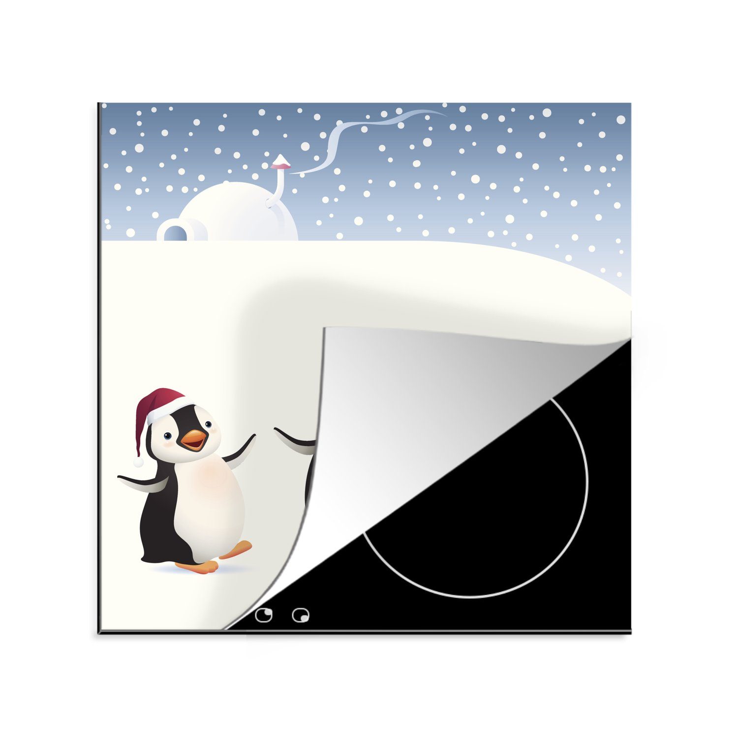 MuchoWow Herdblende-/Abdeckplatte Eine Illustration von drei Pinguinen im Schnee, Vinyl, (1 tlg), 78x78 cm, Ceranfeldabdeckung, Arbeitsplatte für küche