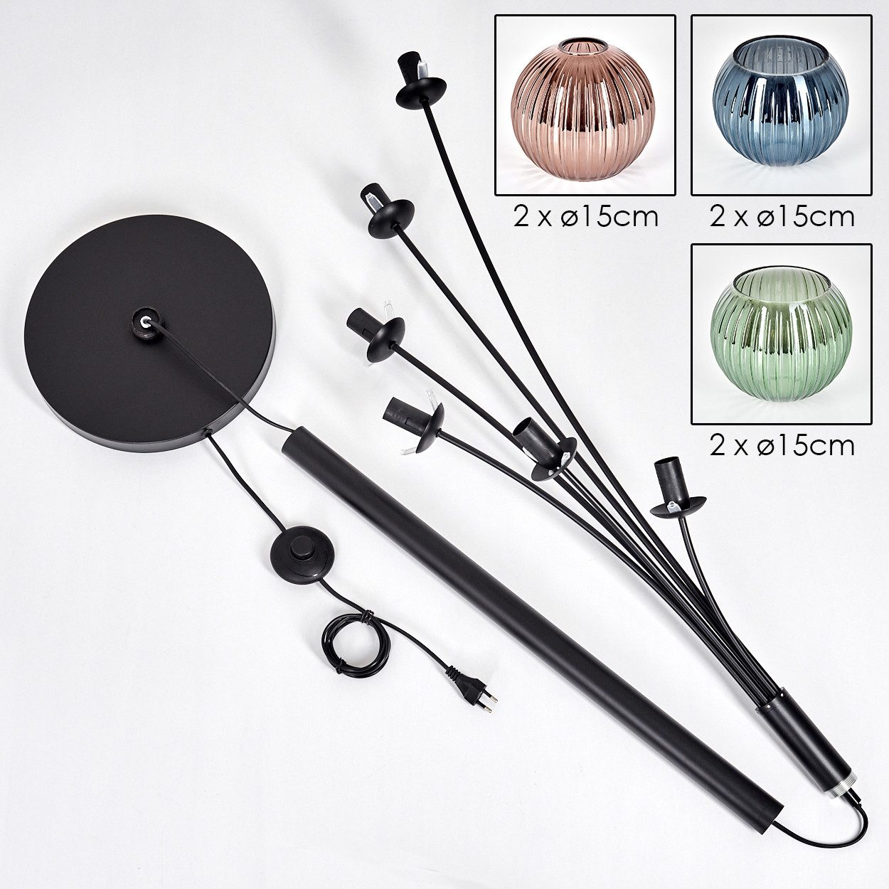 hofstein Stehlampe Stehlampe aus Metall/Riffelglas in Schwarz/Kupfer/Blau/Grün (15 cm), ohne Leuchtmittel, Stehleuchte im Retro/Vintage-Design m. Glasschirmen, Fußschalter, E14