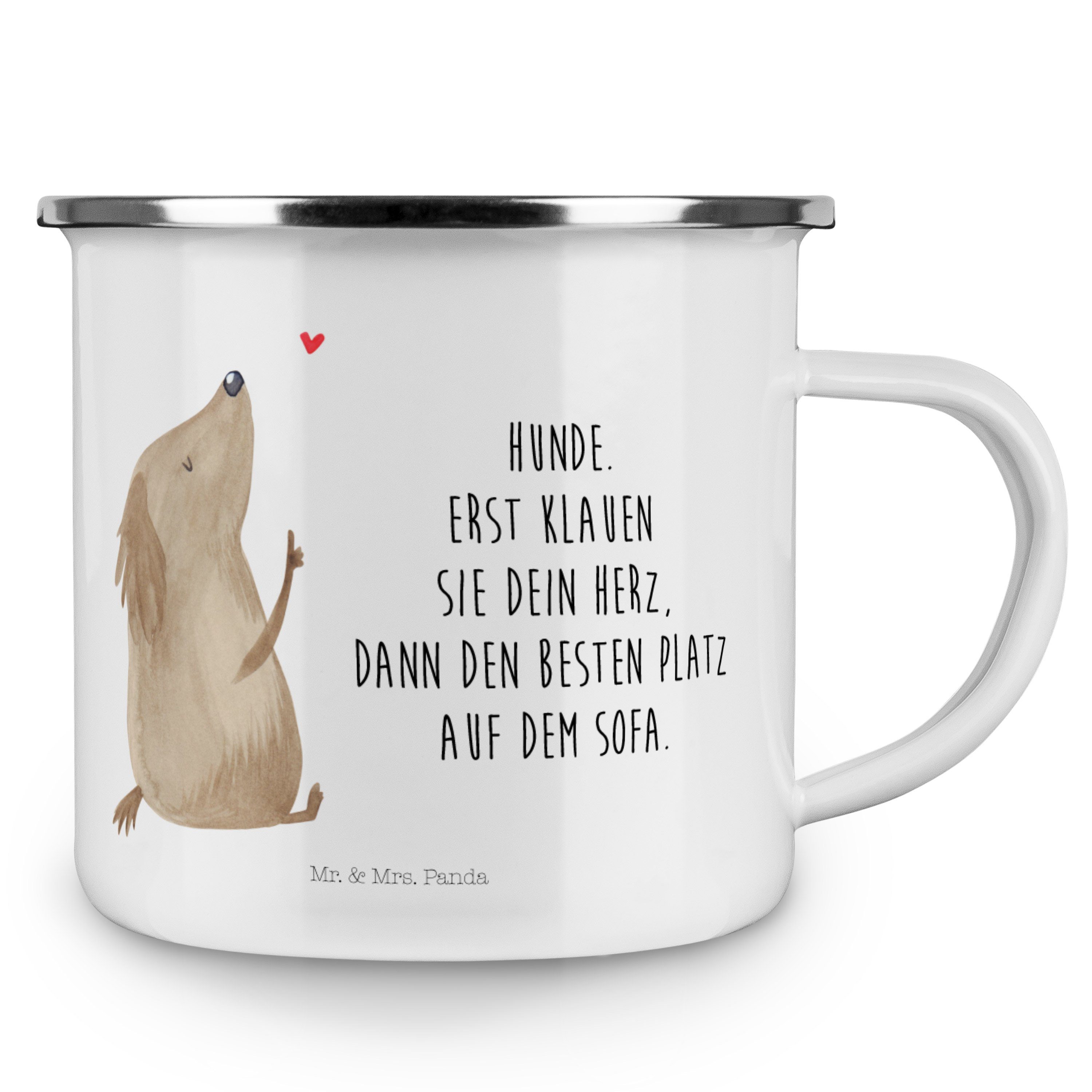 Hund Emaille Tasse Geschenk, Becher Liebe Mrs. - Mr. Camping & Her, Metall, Weiß Panda - Campingtasse,