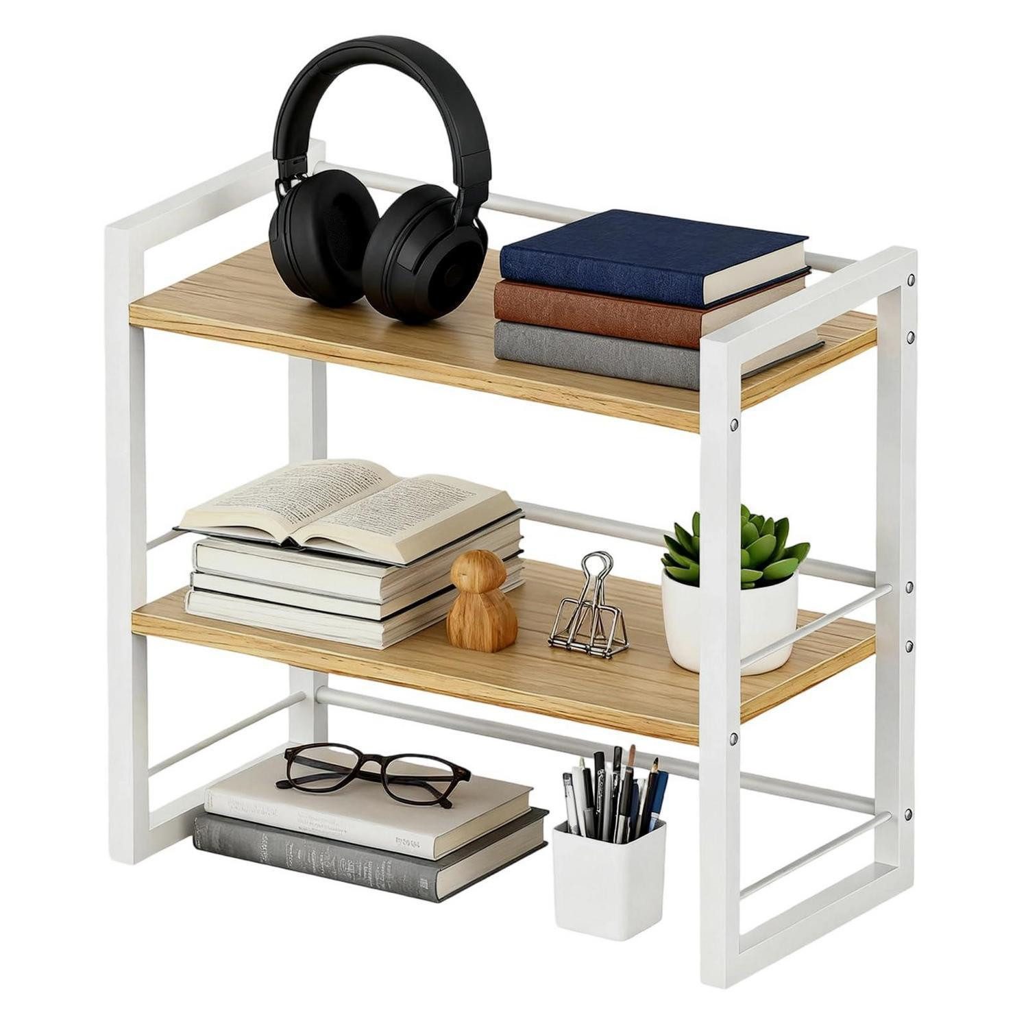 LuxusKollektion Bücherregal Schreibtisch-Regal 2 Etagen Holz Metall Weiß, 1-tlg.