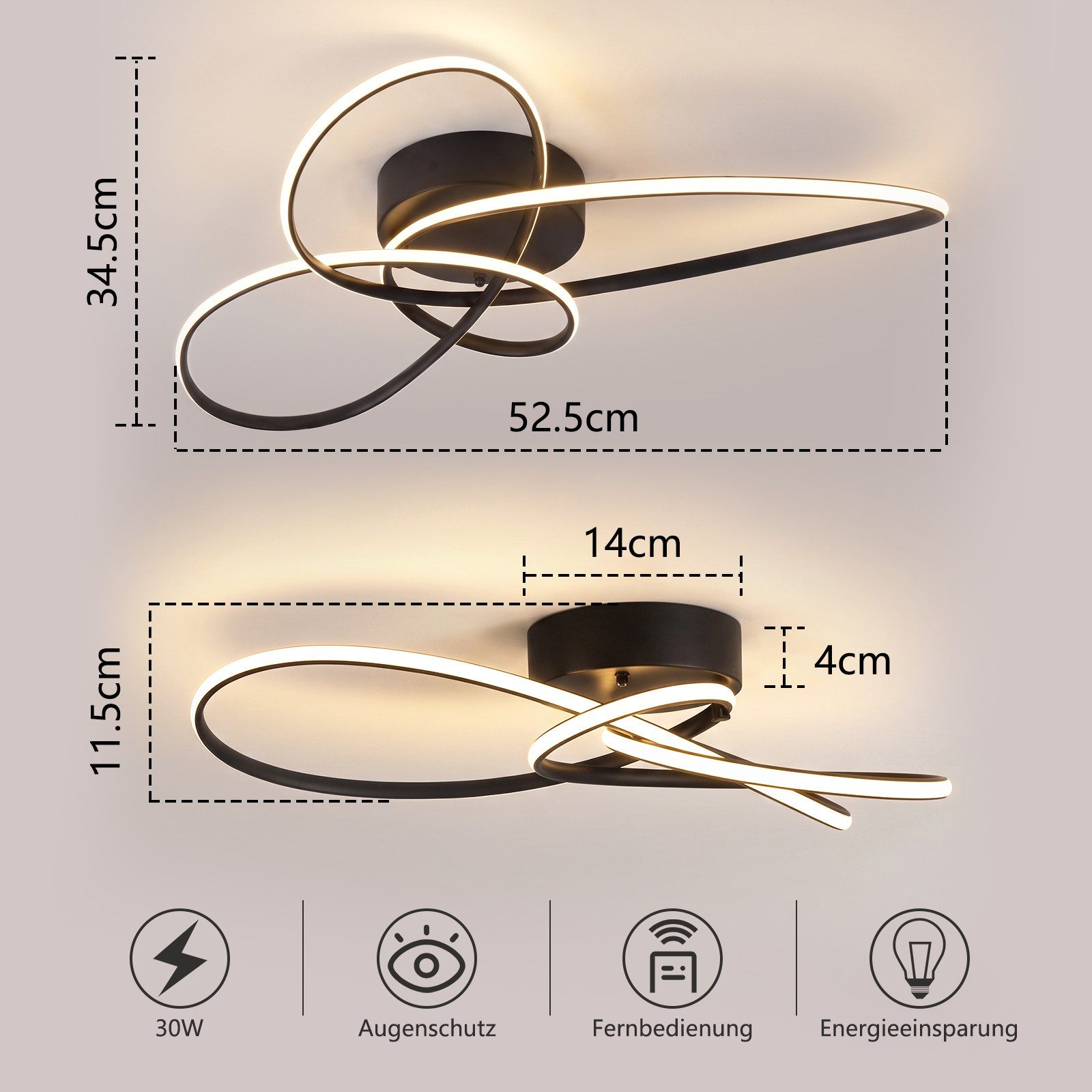 Nettlife LED Deckenleuchte Schwarz/Weiß Modern Dimmbar Deckenlampe mit Fernbedienung, LED fest integriert, warmweiß, für Schlafzimmer Wohnzimmer Küche Deckenlam – Bild 3 von 5