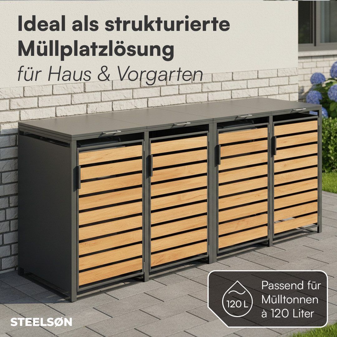 STEELSØN Mülltonnenbox Kestra 120L aus verzinktem Stahl (Anthrazit/Holz, Für 4 Tonnen), verfügbar mit 1, 2, 3, 4 oder 5 Türen, mit Sichtstreifen Holzoptik