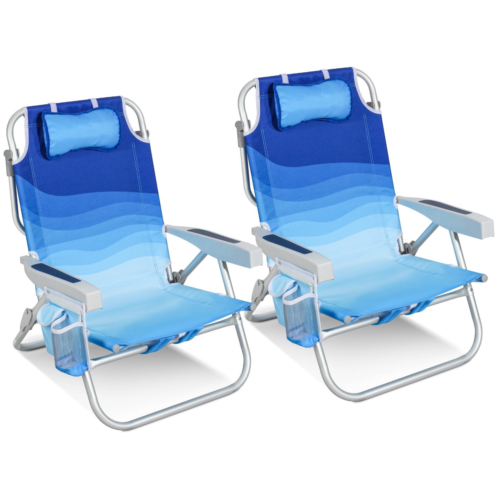 HOMECALL Klappstuhl Strandstuhl Leicht Klappbar Camping, 5-fach verstellbare Rückenlehne (Bis150KG Aluminiumrahmen, groBe Kuhitasche und Aufbewahrungstasche, 2 St), Seitentaschen, Kopfstütze, Schultergurten, Handtuchhalter