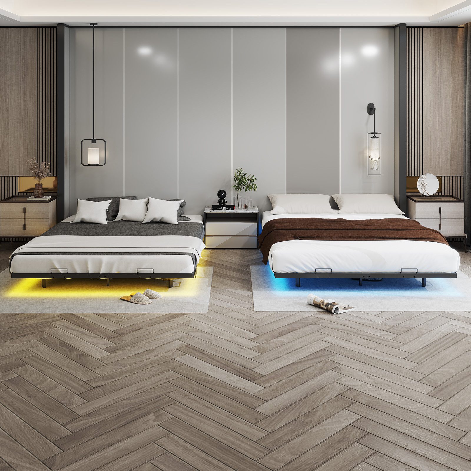 COMHOMA Bettgestell Bettrahmen Metallbett Gästebett aus Metall mit LED & Steckdosen (stabile Konstruktion), 90/120/135/140/150/160/180x200, App & Fernbedienung