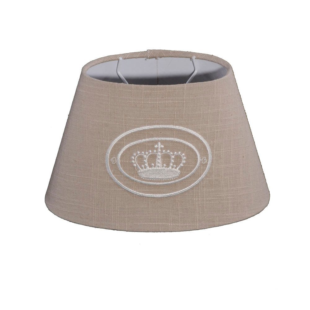 Dirk Davids Leuchten GmbH Lampenschirm Lampenschirm in Oval Leinen Dunkel gestickte Krone Beige 25-15-16cm, Hochwertiger Leinen-Stoff