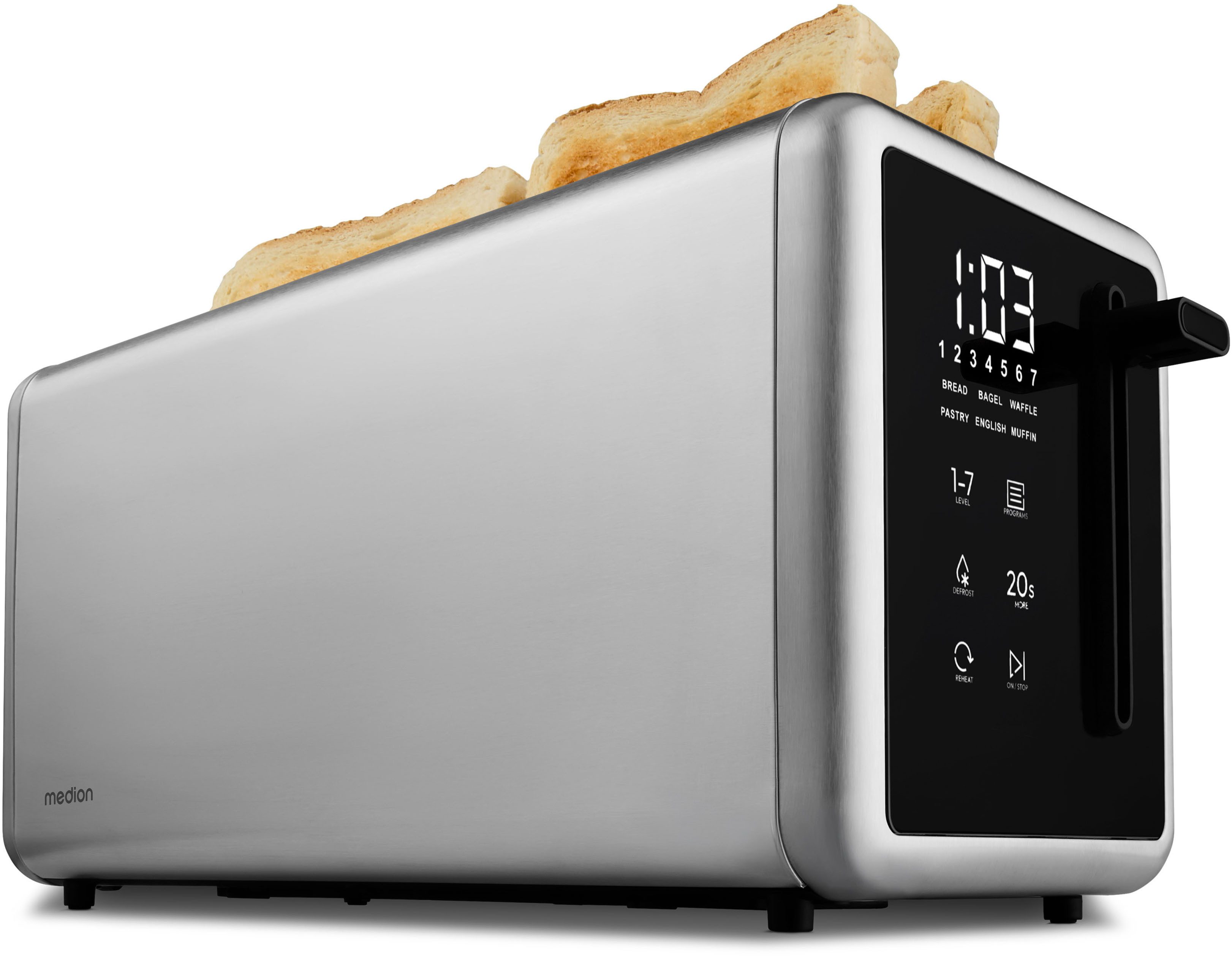 Medion® Toaster Langschlitztoaster, MD12103, LED Sensor-Touch-Display, 2 lange Schlitze, für 4 Scheiben, 1450 W, abnehmbarer Brötchenaufsatz