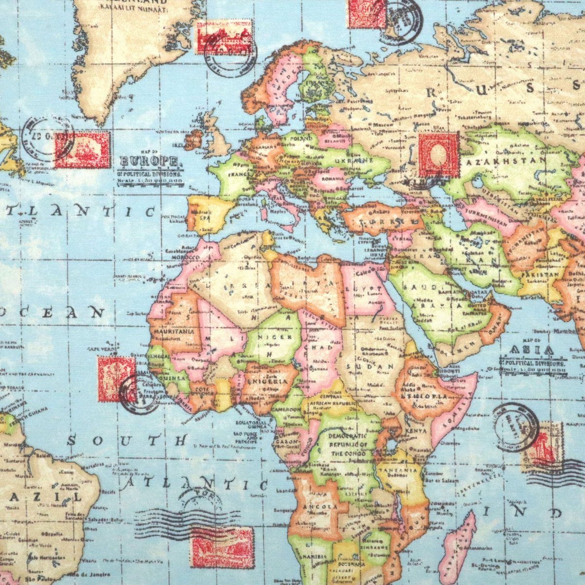 Stofferia Stoff Dekostoff Halbpanama Weltkarte Blau, Breite 140 cm, Meterware