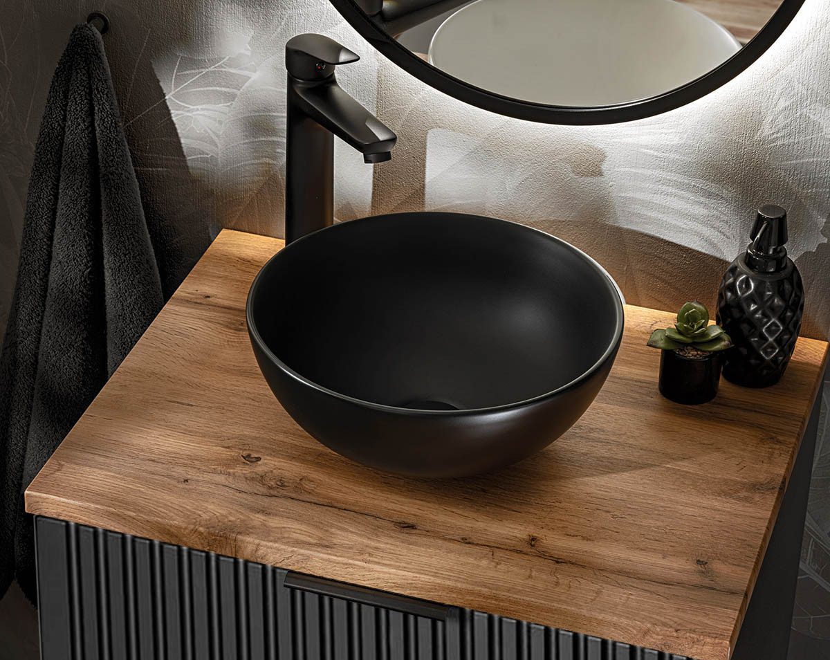 einfachgutemoebel Waschtisch-Set Badezimmer Waschplatz Blackened 60cm, Becken black matt, schwarz oak, (Badmöbel Set, 1-St., Waschtisch Unterschrank)