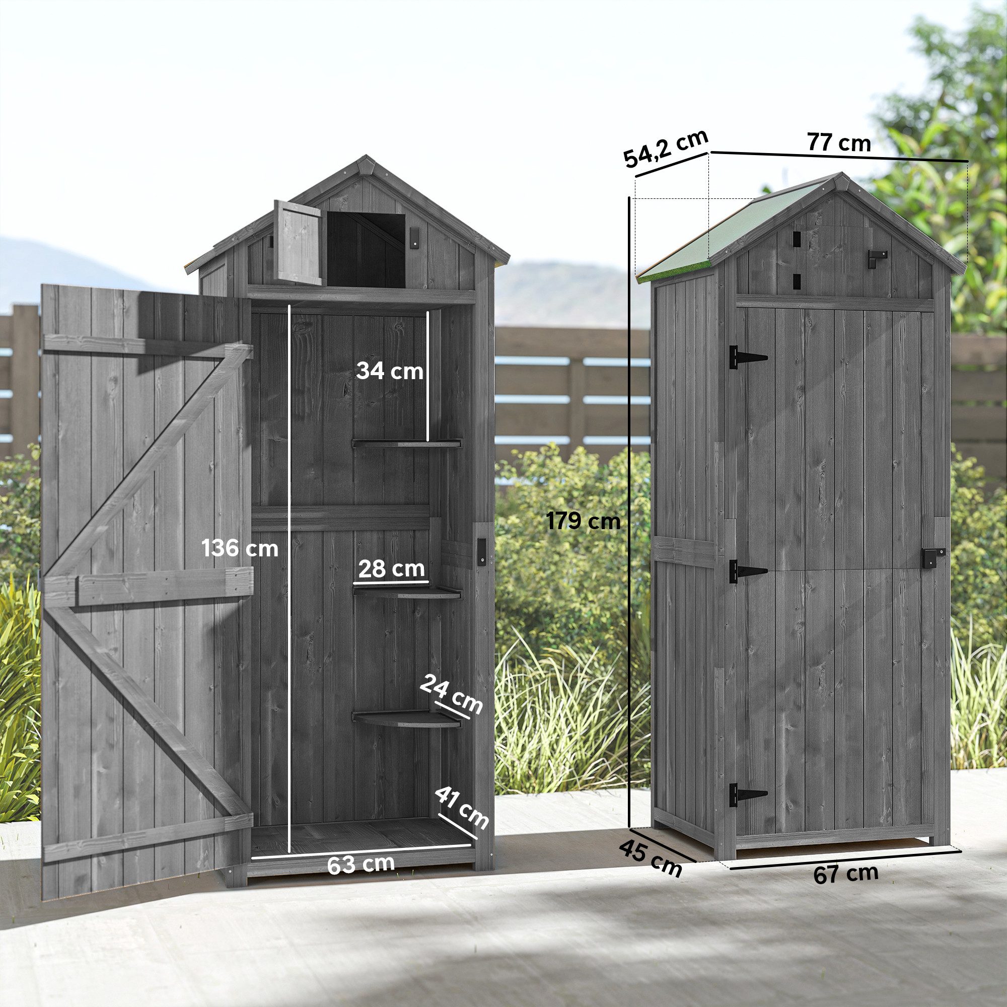 Outsunny Gerätehaus Geräteschrank, Schuppen mit Fachböden, Asphaltdach, Fenster, BxT: 77x54.2 cm, (Geräteschuppen, 1 St., Gartenschrank), für Garten, Grau+Grün