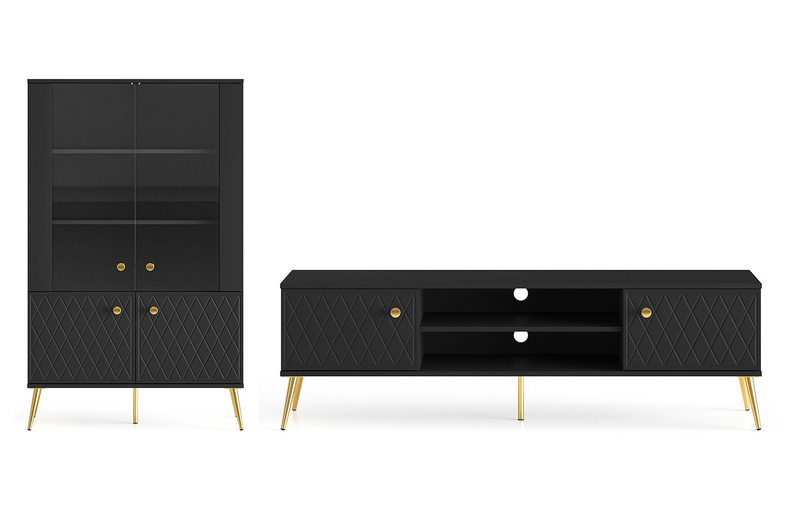 Feldmann-Wohnen Wohnwand Eljot, (1 Vitrine, 1 Lowboard, 2-St., Griffe und Füße aus Metall in Goldfarben, mit 3D-Karo-Optik), 2-teilig Schwarz / Goldfarben
