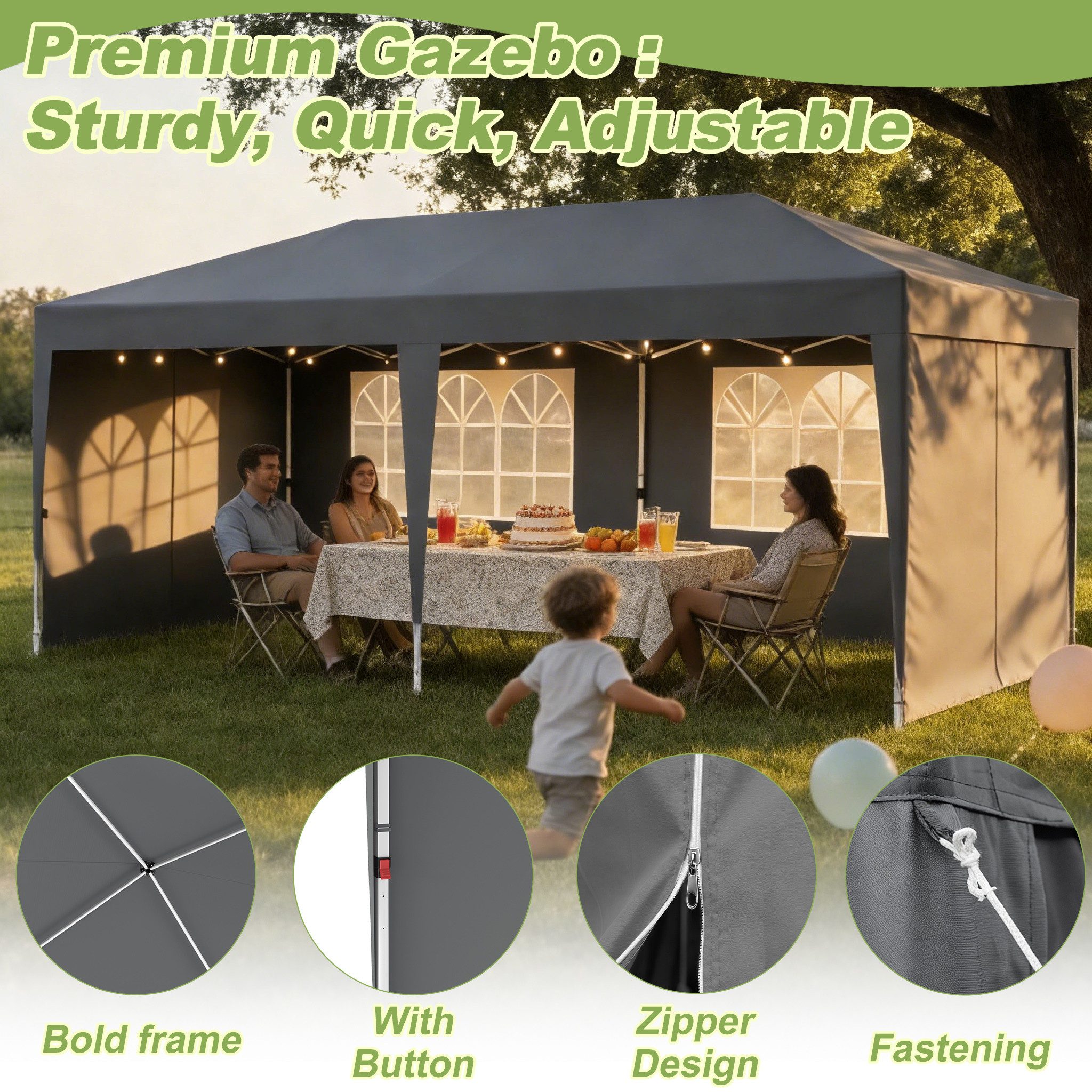 FIVMEN Partyzelt 3x6m Faltpavillon mit 6 Seitenwände Höhenverstellbar Gartenpavillon, Ideal für Gartenfeste & Feiern, Einfach aufbauen