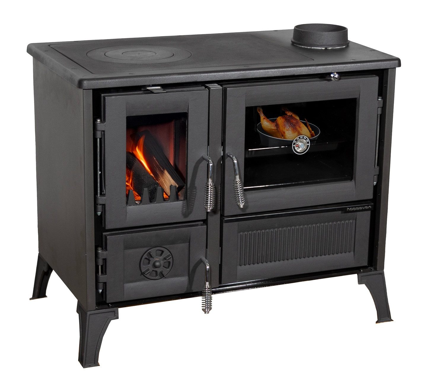 Hosseven Kaminofen mit Backfach und Herdplatte 4013 Schwarz Holzofen 8 kW Holz Ofen, 8 kW, Dauerbrand, Holz Ofen Mehrfachbelegung Kamin Heizofen Küchenherd