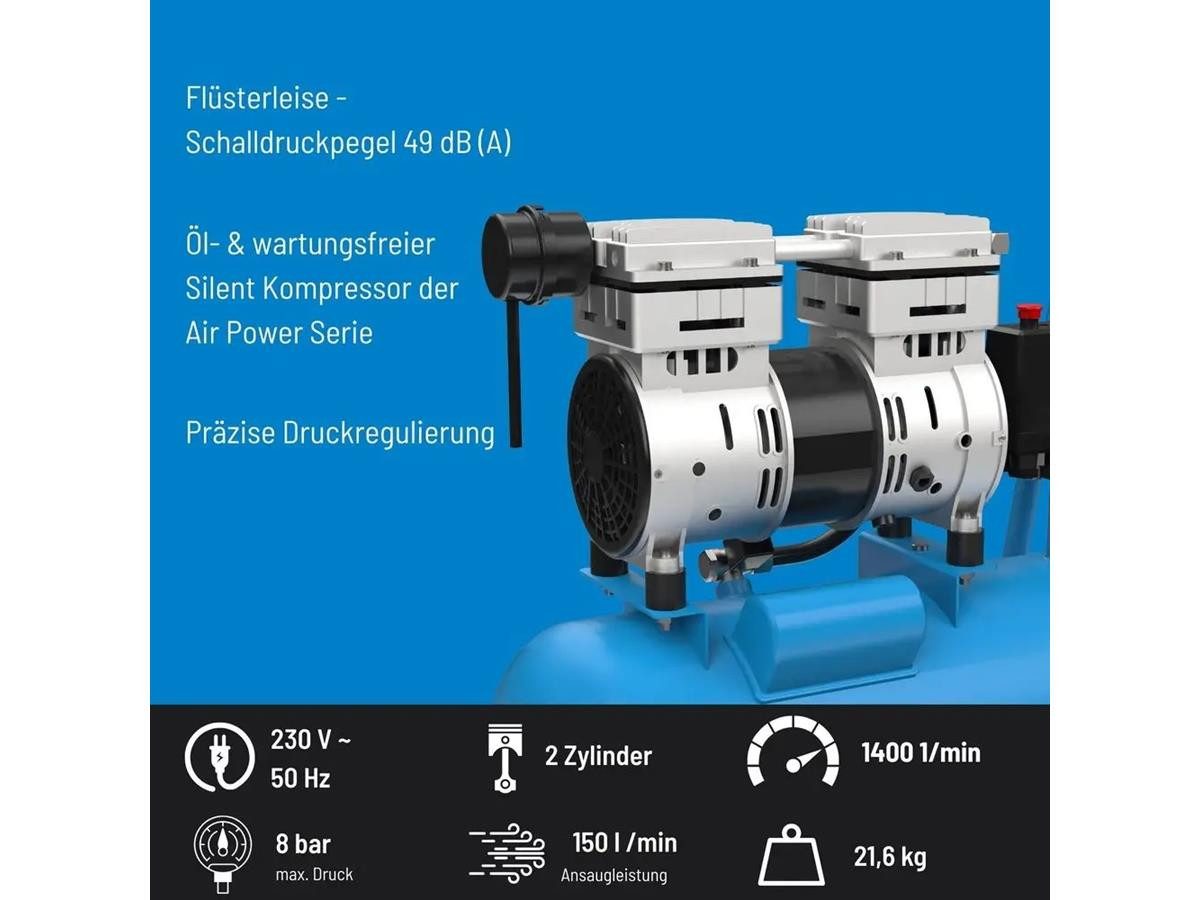 Güde Kompressor Flüsterkompressor Airpower 150/8/24 Silent 0,75 kW, 230 V Ölfrei 50136, max. 8 bar, 24 l, Set, 1-tlg. – Bild 3 von 5