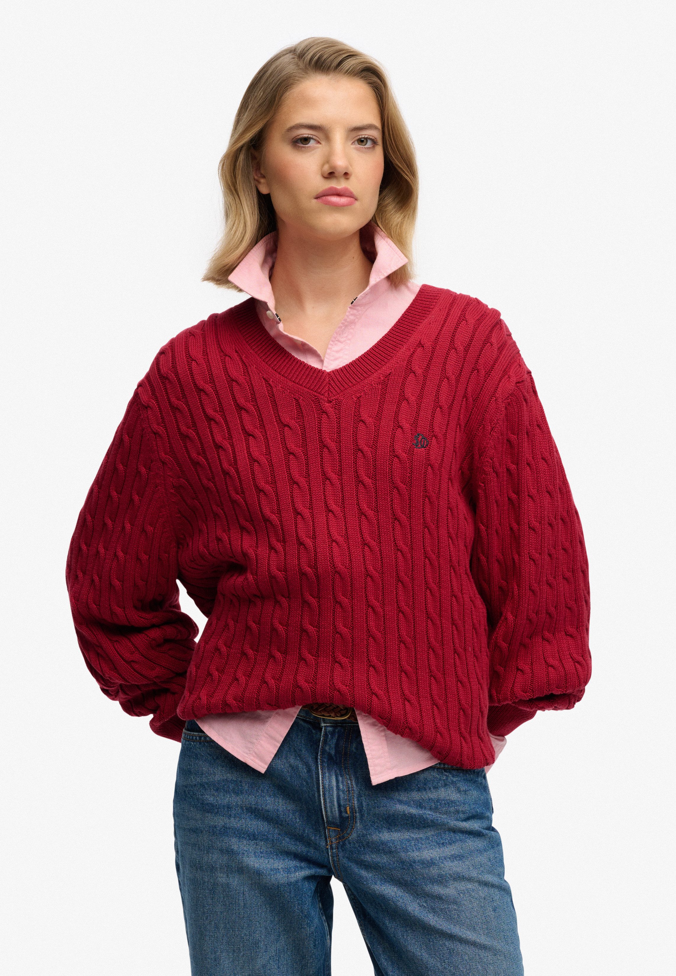 Superdry V-Ausschnitt-Pullover OVERSIZED CABLE V NECK JUMPER Baumwolle, oversized Fit