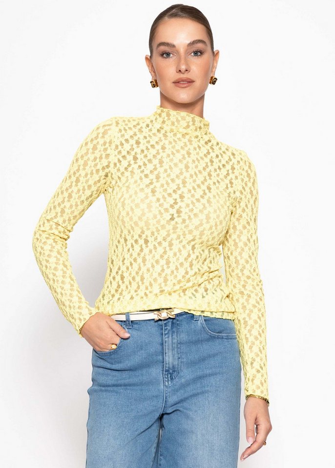SASSYCLASSY Langarmshirt Langarmshirt aus Spitze für Damen Leicht transparentes Top mit Stehkragen in figurbetontem Schnitt